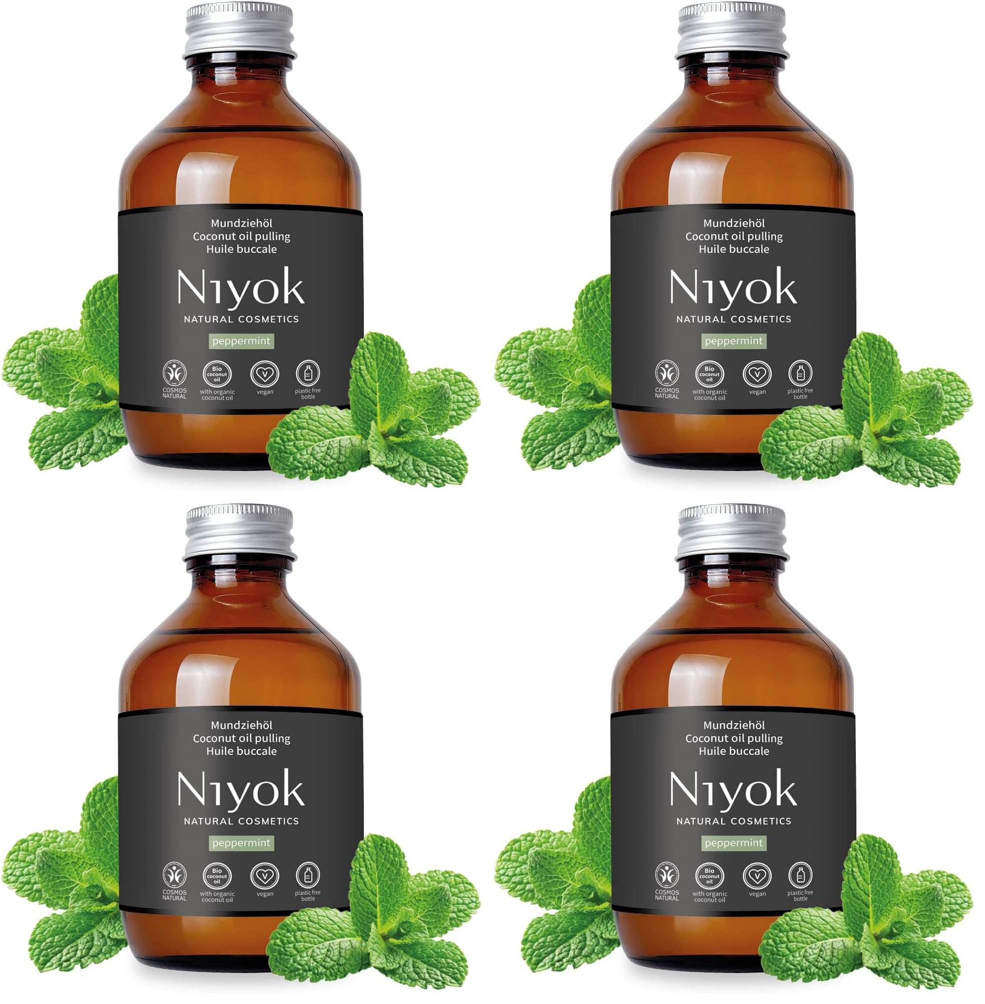 Niyok Mundziehöl Pfefferminze 200ml - Bio Kokosöl für Ölziehen (Packung mit 4)