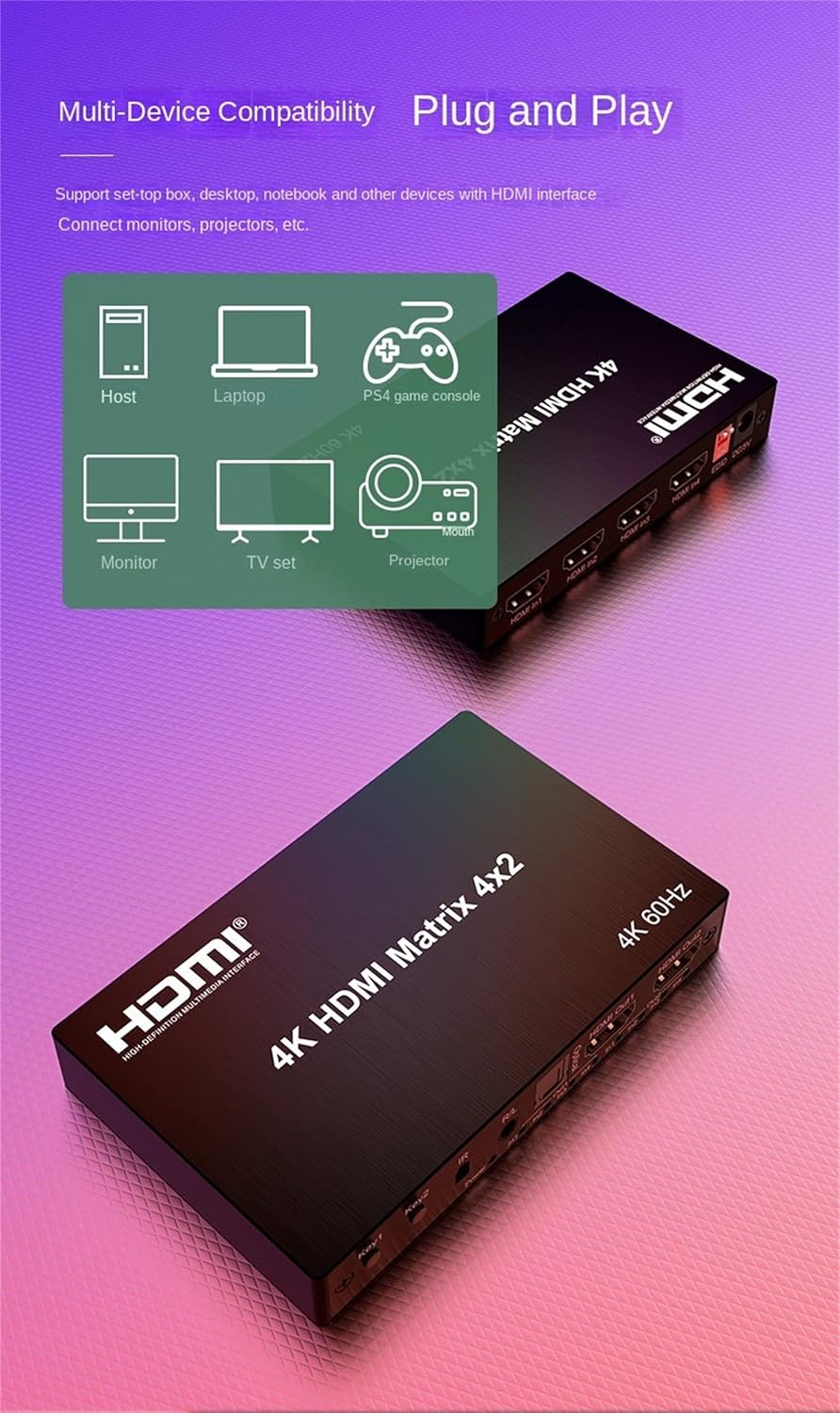 4X2 HDMI Matrix 4K 60Hz HDMI 2.0 Matrix Switcher 4x2 with Audio Extractor HDR HDMI Switch Splitter for PC PS5 HDTV HDCP2.2