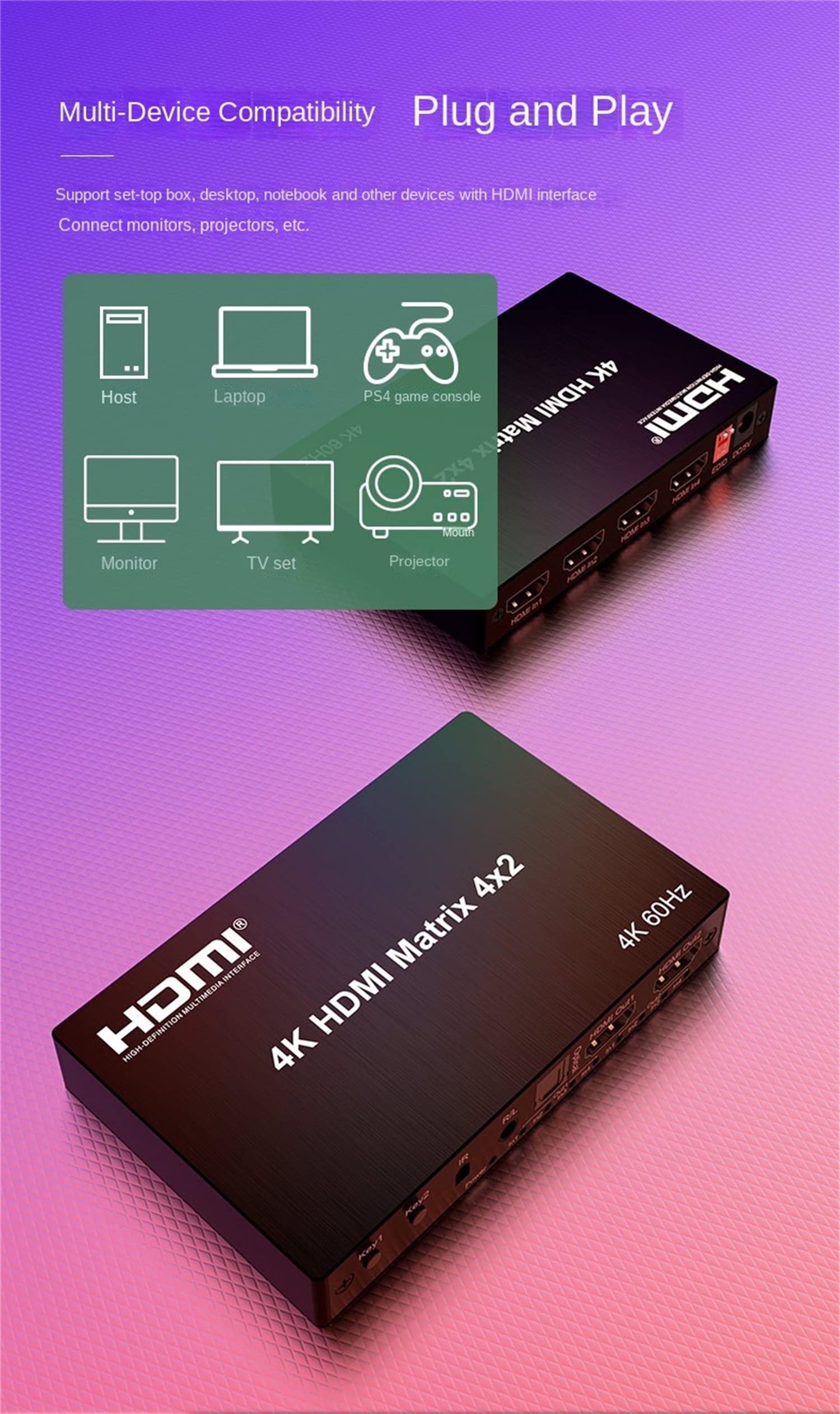 4K HDMI Matrix 4X2, HDMI True Matrix Switch Conmutador 4 w 2 wyjścia 4K 60Hz HDMI Matrix rozdzielacz przełącznik z optycznym EDID do PS4 PC (4X2)