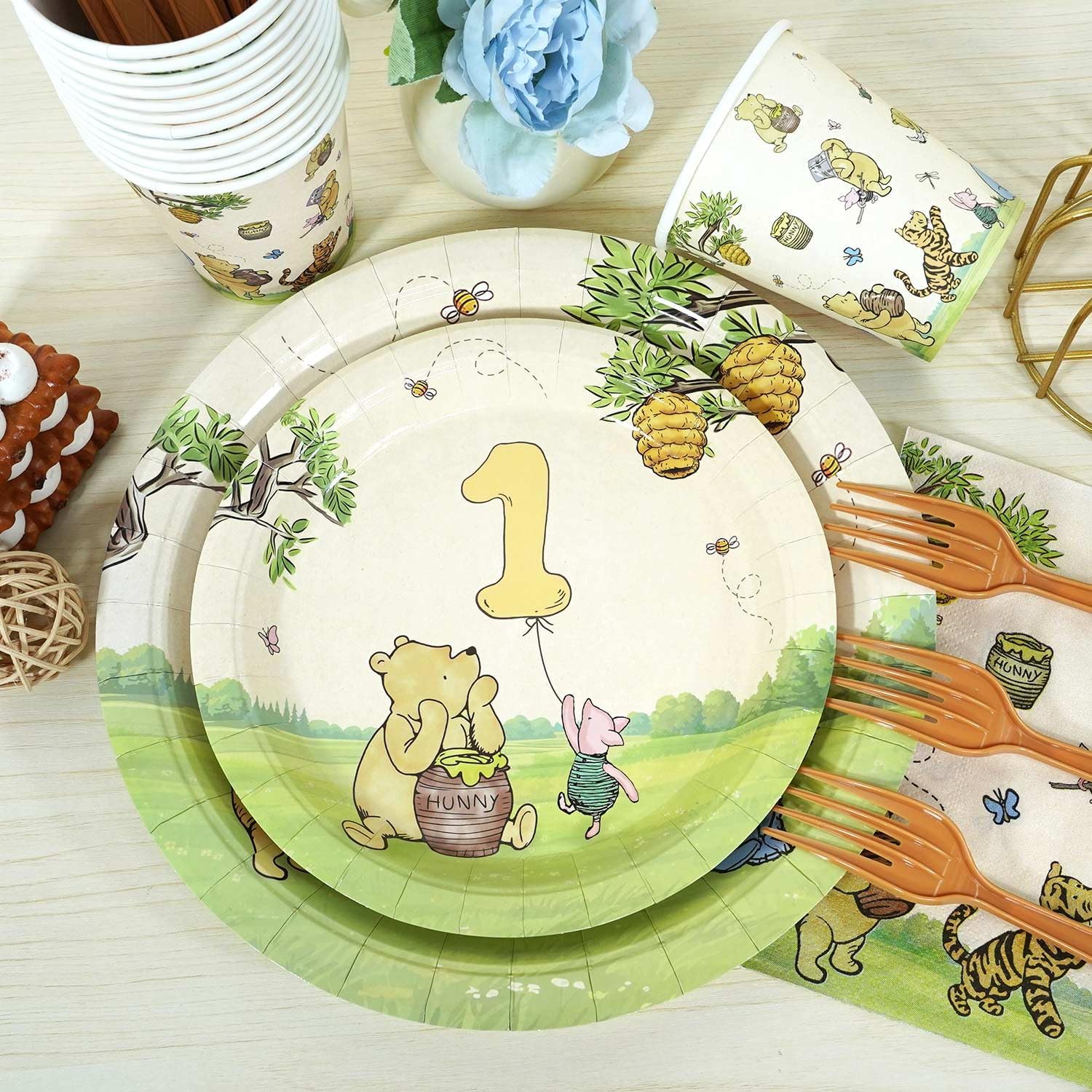 Winnie First Birthday Decorations Plates Set, 175pcs 1st Birthday Plates Napkins Cups Cutlery for Boys and Girls, 25 Guests - Image 7