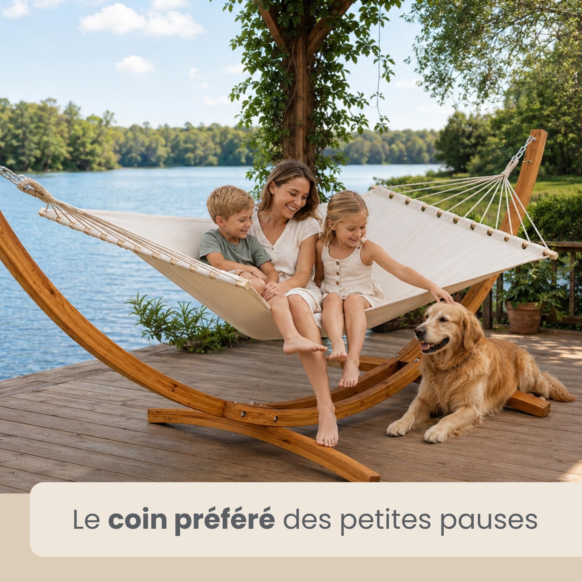 AMANKA Hamac avec Support Bois Exterieur - 325 cm - Suspendu sur Structure Pied, 2 Personnes, Ivoire