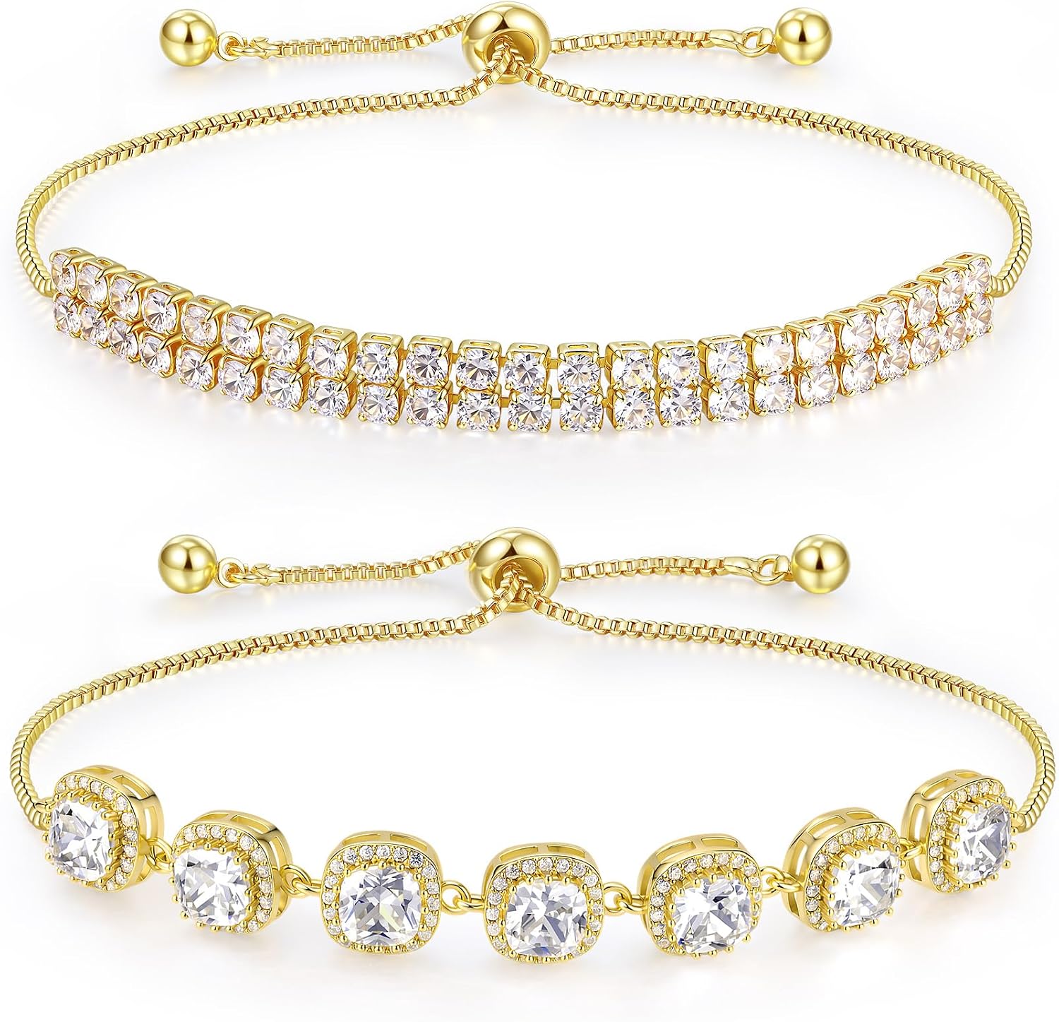 MDFUN 2 Pcs Tennis Bracelets for Women,18K White/Gold Plated Cubic Zirconia Tennis Bracelet, Adjustable Slider 6-9 Inch