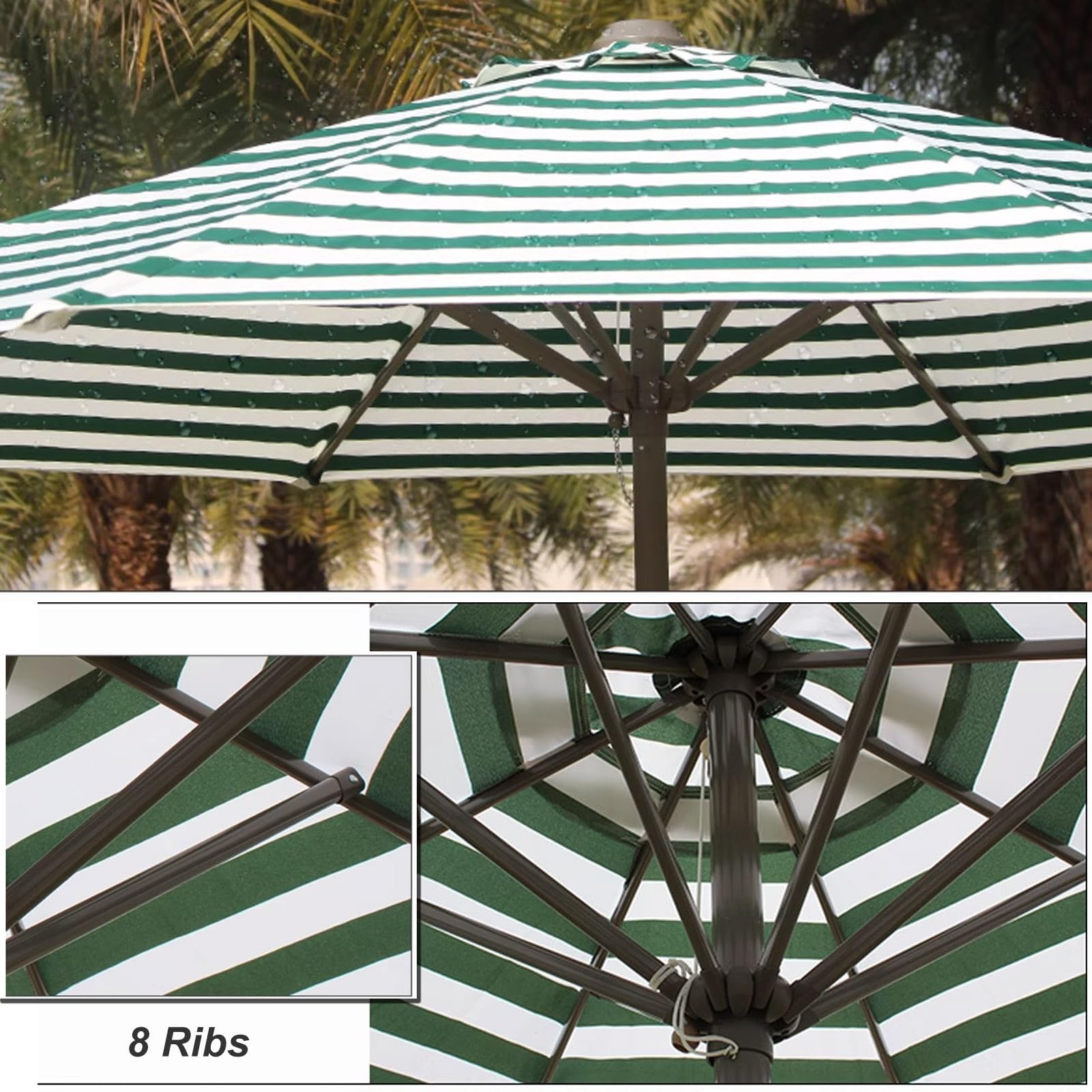 270 cm Parasol Patio z Korbą Ręczną, Zielony, Biały Pasek, Zewnętrzny Parasol Plażowy, Ochrona UV50+ Wodoodporny do Basenu, Werandy, Ogrodu, Podwórko