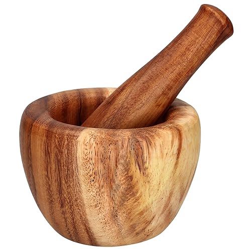 MAKOLO Juego de mortero y maja de madera de acacia para condimentos de píldoras de ajo y pimienta, 4.75 pulgadas
