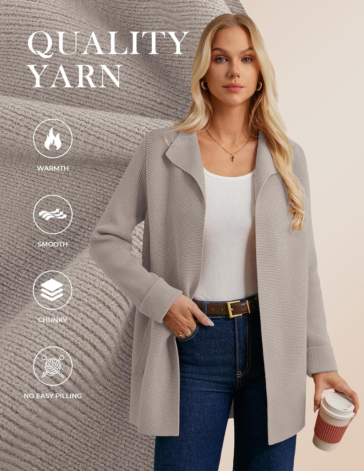 GRACE KARIN Women Long Cardigan Sweaters, Fall Chunky Sweater Jacket, Ribbed Knit Lapel Coatigan with Pockets - Image 2