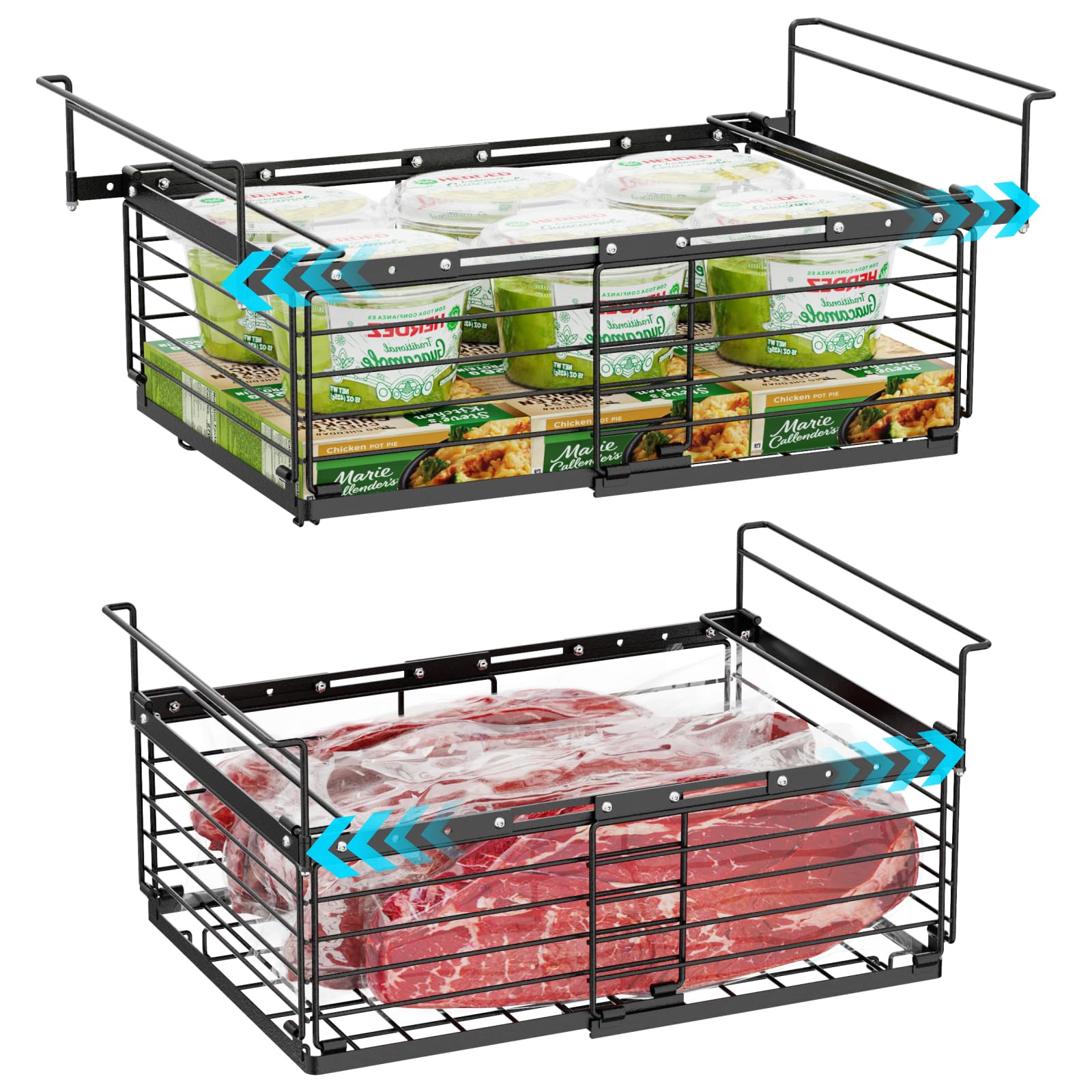 iSPECLE Large Chest Freezer Organizer Bins - 17.5" to 22.6" Expandable Length Baskets for Deep Freezer, Fit 10 to 20 Cu.FT, 2 Pack Adjustable Hanging Chest Freezer Basket, Black