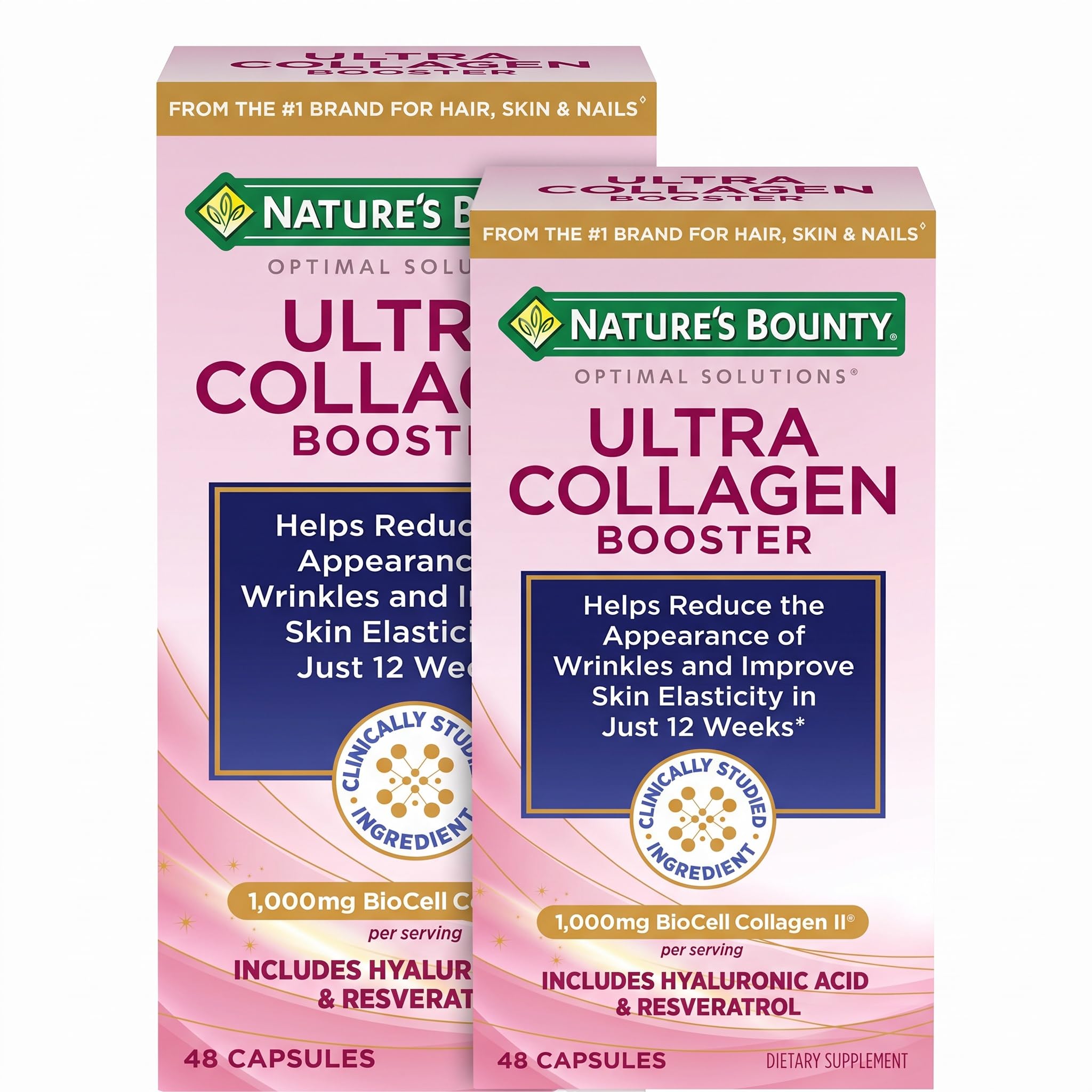 Nature's Bounty Optimal Solutions Ultra Collagen Booster for Healthy-Aging Supplement, Resveratrol, Hyaluronic Acid – Collagen Capsules for Women, 48 Capsules (