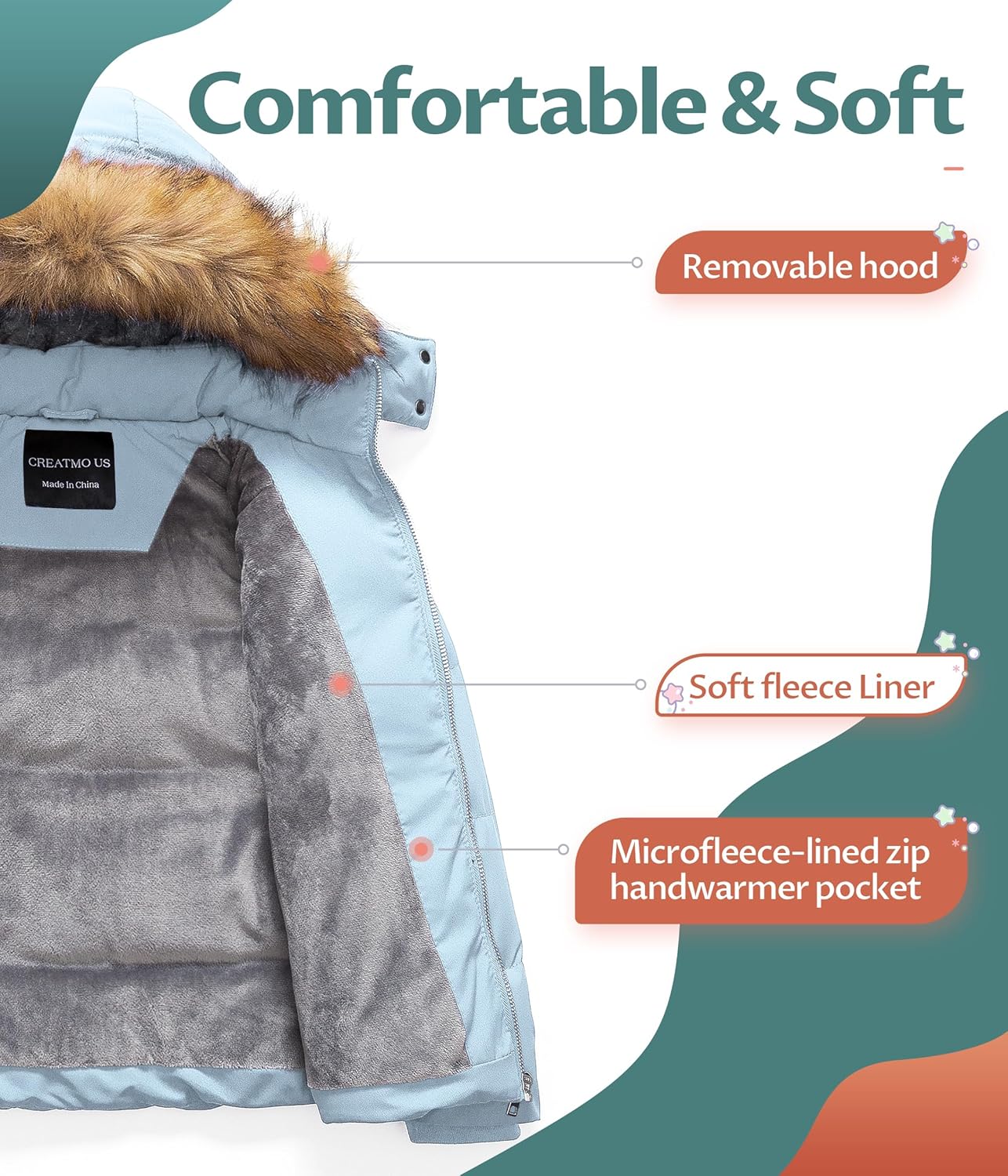 CREATMO US Girl's Kids Metallic Shiny Jacket with Detachable Fur Collar Warmth Winter Outerwear - Image 3