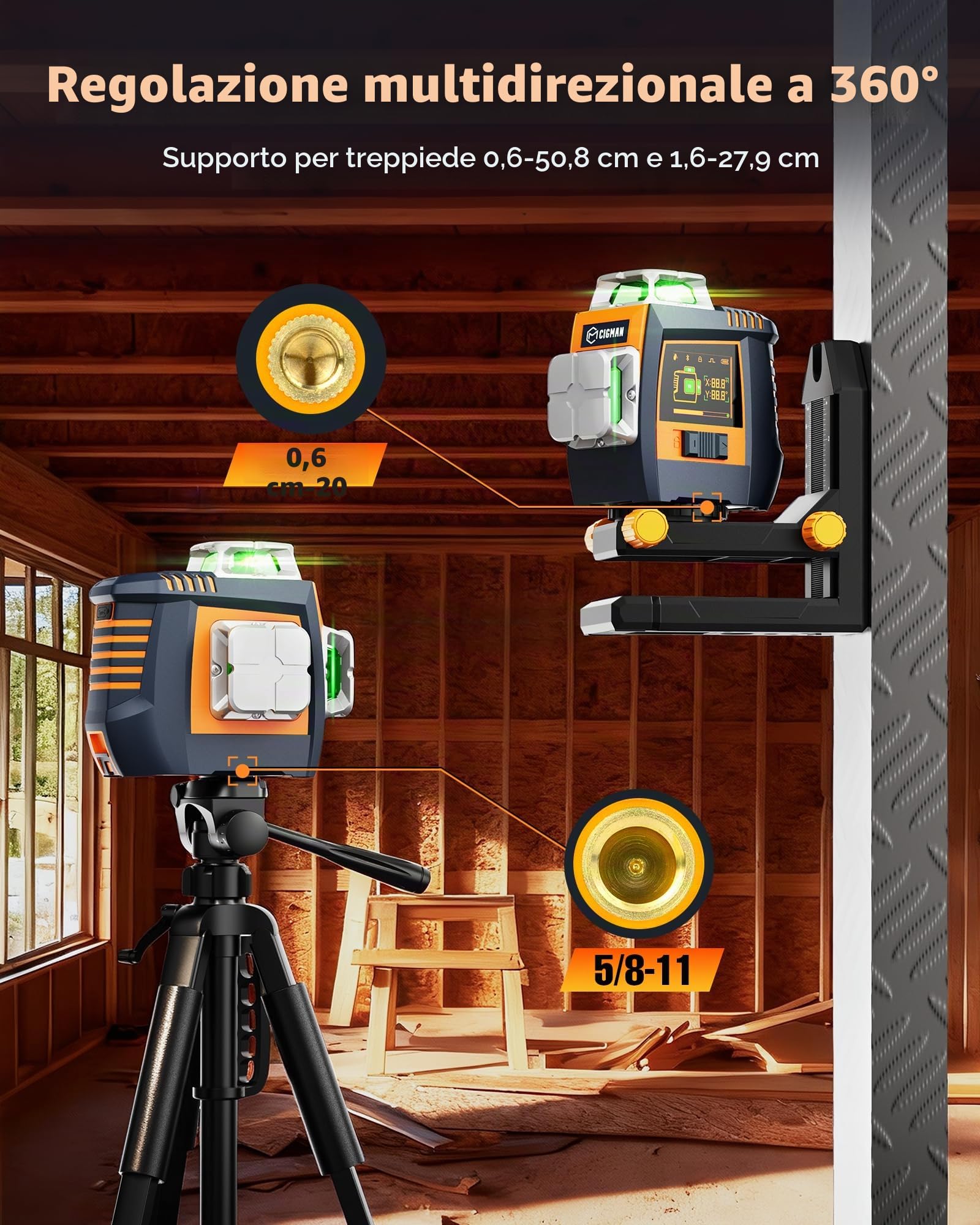 CIGMAN Livella Laser 3D Autolivellante App Controllo Intelligente a Gesti | con Display LCD, Laser a Linee Verde per Interni e Lavori Edili, Gamma: 30M (CM-S05)