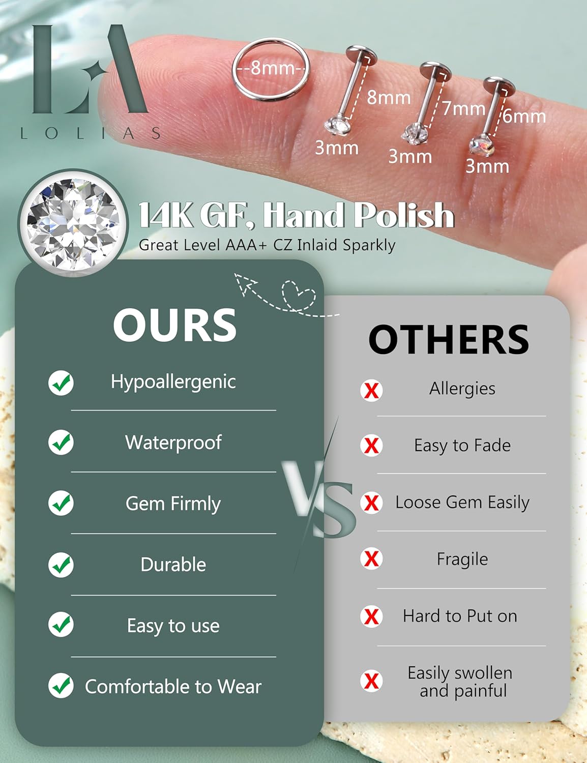 LOLIAS 14K Gold Plated Nose Rings 20G 18G Threadless Nose Rings Hoops Studs - 316L Surgical Steel Push in Flat Back Nose Stud - CZ Hypoallergenic Nose Tragus Helix Piercing Jewelry for Women Men 11Pcs - Image 4