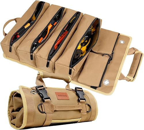 Bolsa de herramientas enrollable, organizador de herramientas portátil resistente con 2 bolsas desmontables y 4 compartimentos, rollo de