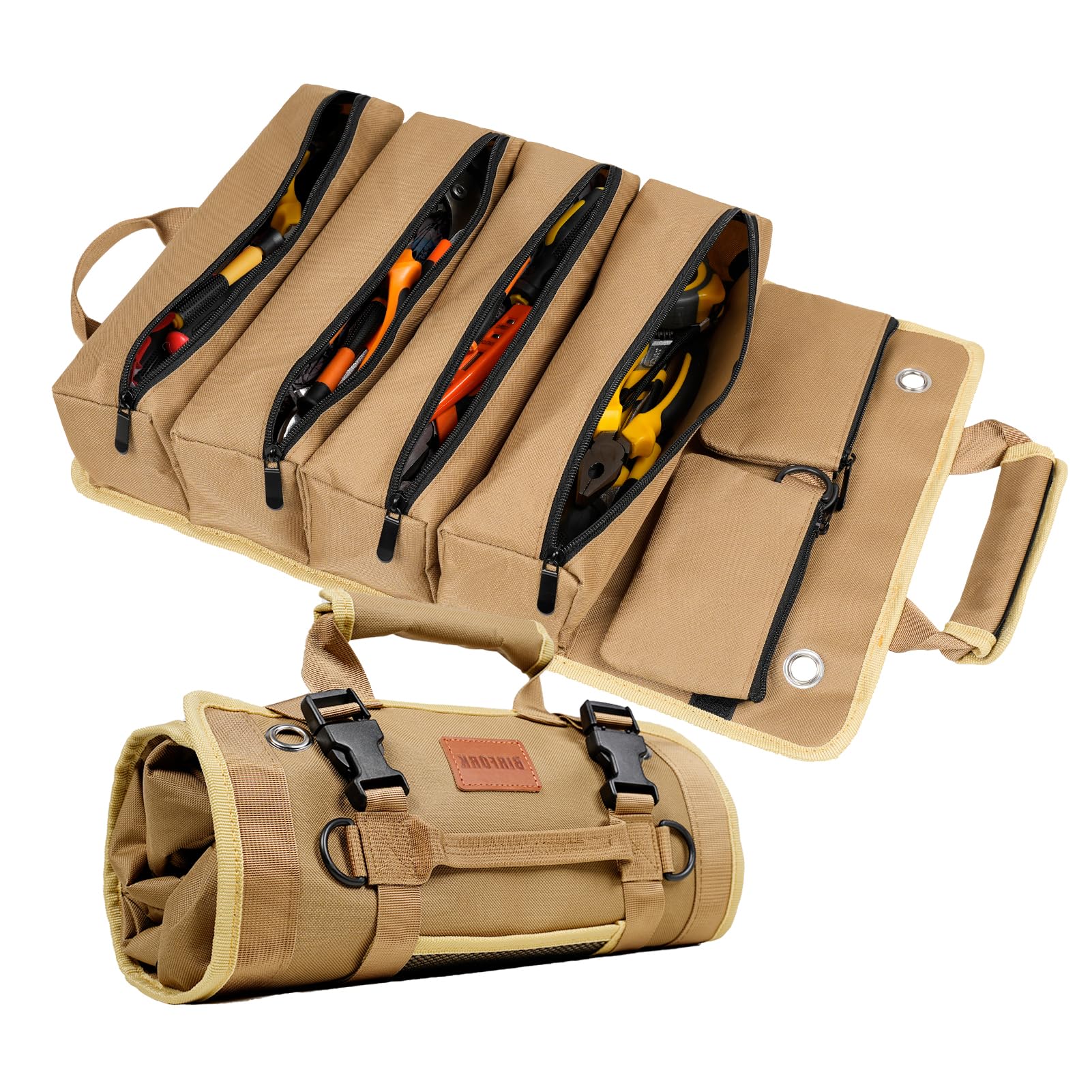 Roll Up Tool Bag, Heavy Duty Portable Tool Organizer with 2 Detachable Pouches and 4 Compartments, Water-Resistant Canvas Tool Roll for Car Garage