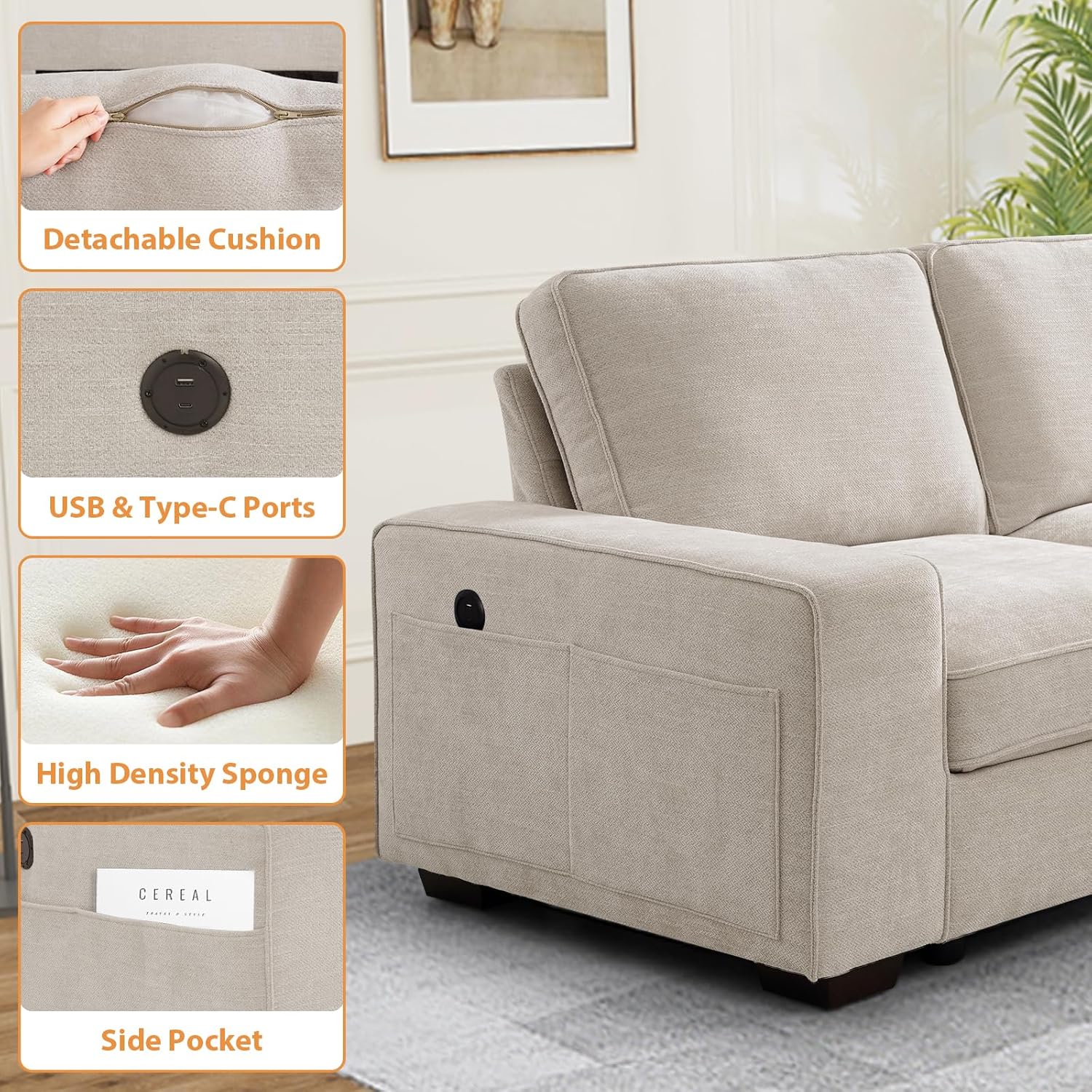 72" Modular Sofa Couch with Seats Storage, Comfy 2-Seater Chenille Fabric Loveseat Sectional Couch for Living Room, Office, Small Space, USB Charging, Side Pockets, Couch with Removable Cover (Beige) Beige 72" Loveseat