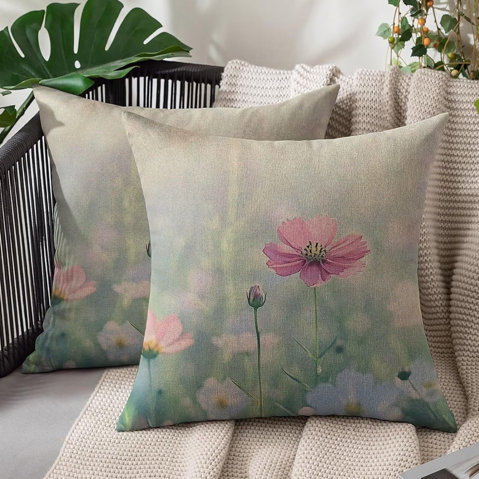 Coussin canape fleur exterieur resistant a l'eau vert sauge 40x40cm x2