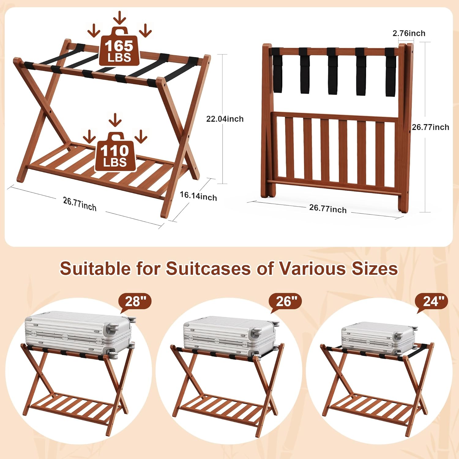 26.77"L Luggage Rack, Walnut Luggage Rack for Guest Room, Bamboo Folding Suitcase Stand with Storage Shelf, 5 Nylon Straps, Heavy Duty Luggage Holder for Bedroom Hotel, 1 Pack, Gift Box Packaging