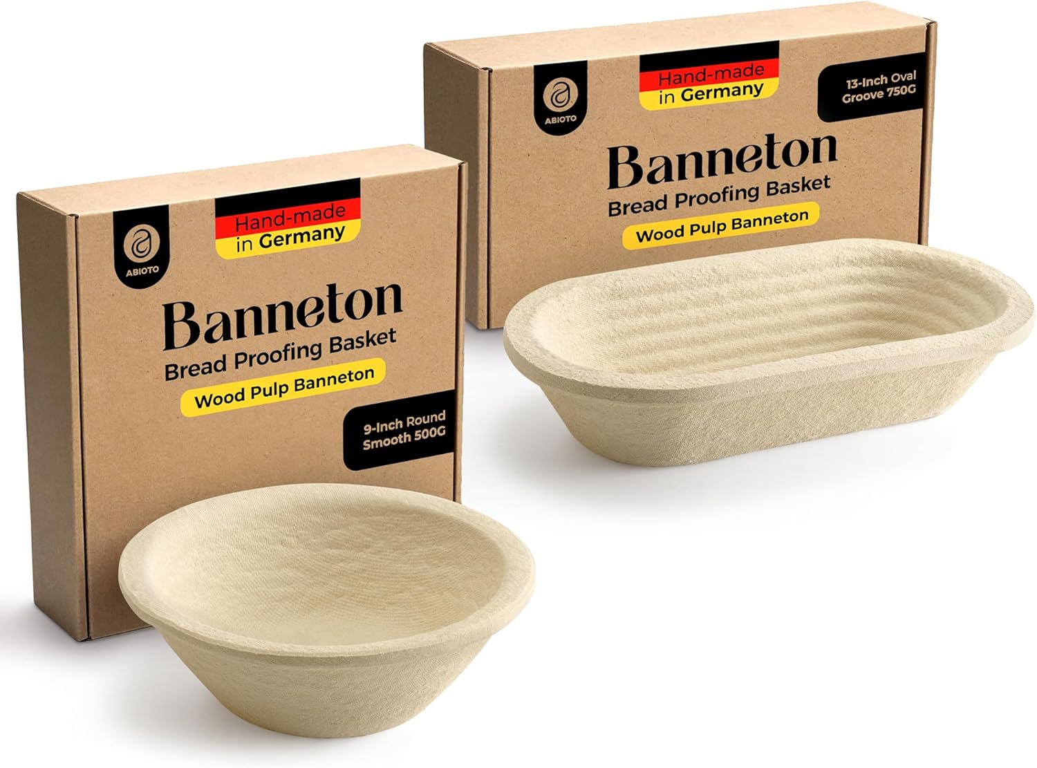 Wood Pulp Banneton Bread Proofing Basket Set – Round Smooth 1.1 LB & Oval Grooved 1.5 LB Brotform Baskets – Non-Stick Natural Wood Pulp, Made in Germany Proofing Baskets for Sourdough Bread