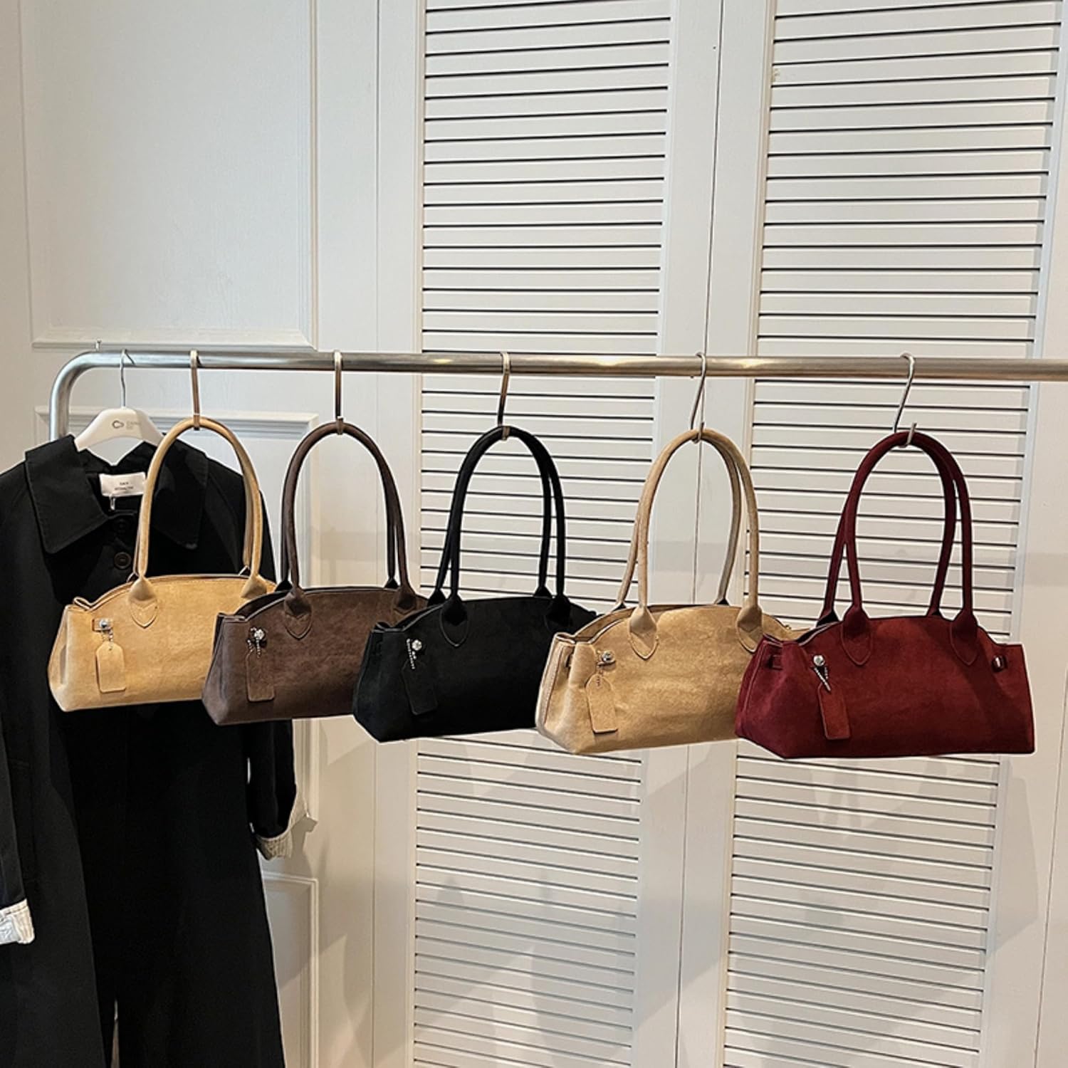 Faux Suede Bowler Bag for Women, East West Shoulder Purse, Soft Swing Bag with Strap, Suede Handbag, 2025 Small Tote Purse - Image 3