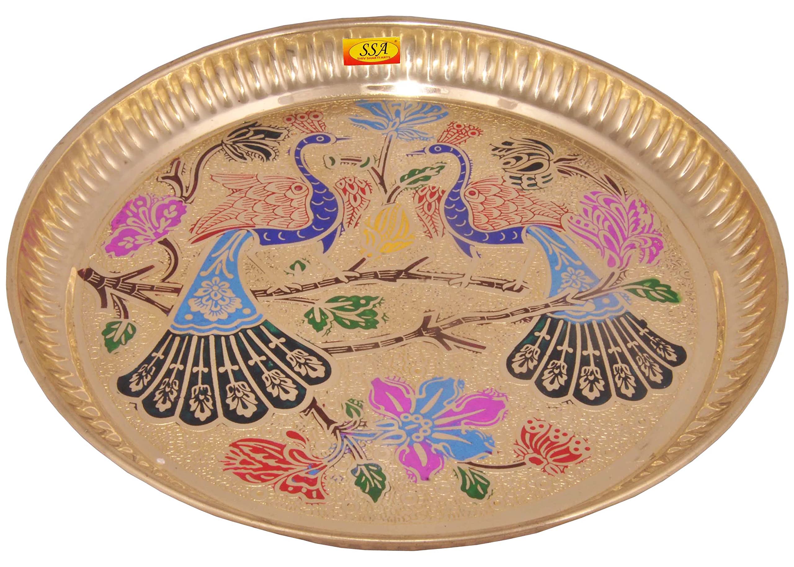 Shiv Shakti Arts® Pure Brass Dinner Plate | Thali Set for Pooja & Serving Purpose (Engraved Printed Peacock Design, 8 Inch) - 1 Piece