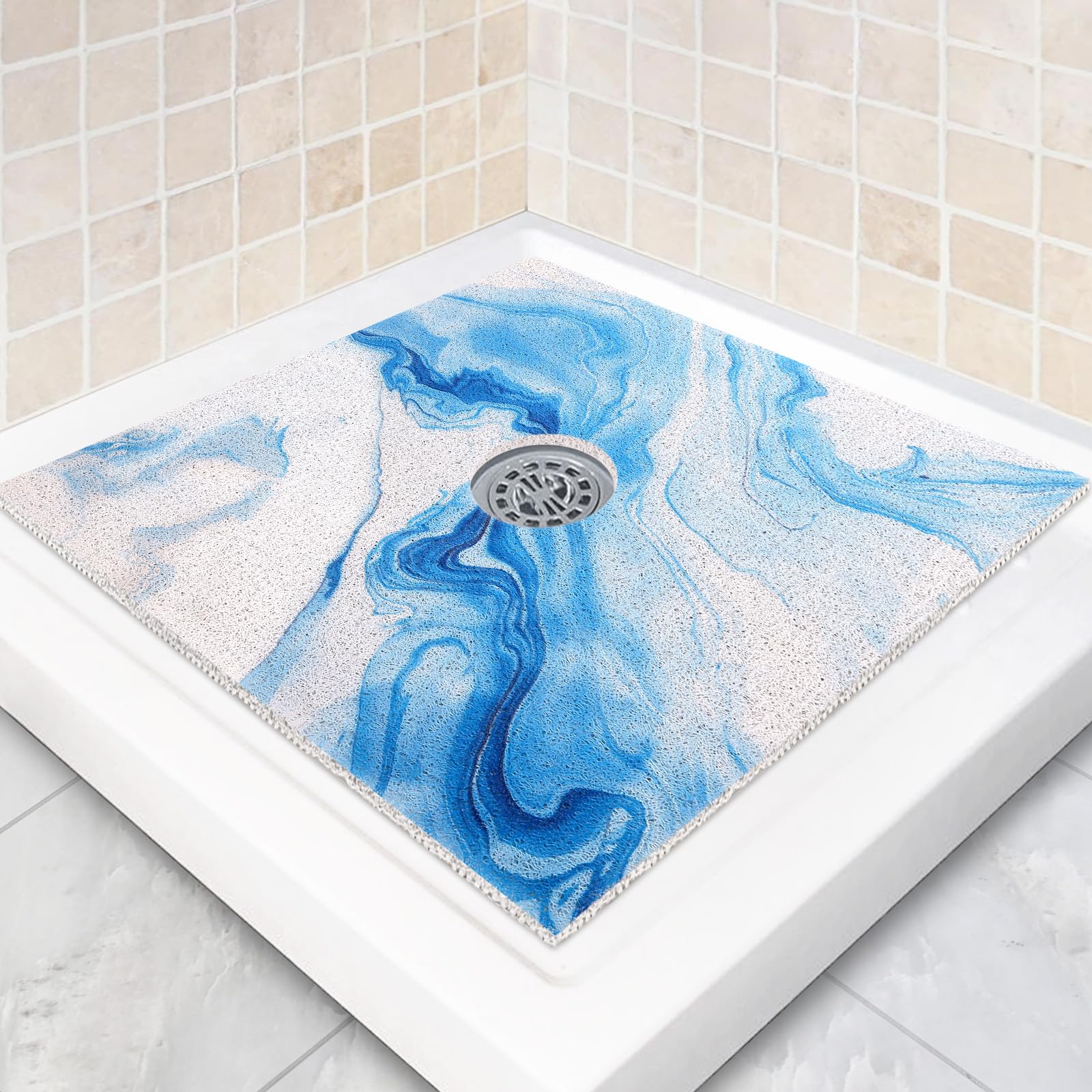 Square Shower Mat Non Slip: 32 x 32 Inch Extra Large Shower Mats with Drain Hole in Middle - PVC Loofah Anti Slip Shower Floor Matt for Inside Shower