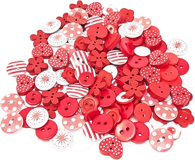 150pcs Red/White Mix Wood Acrylic & Resin Buttons For Cardmaking Embellishments