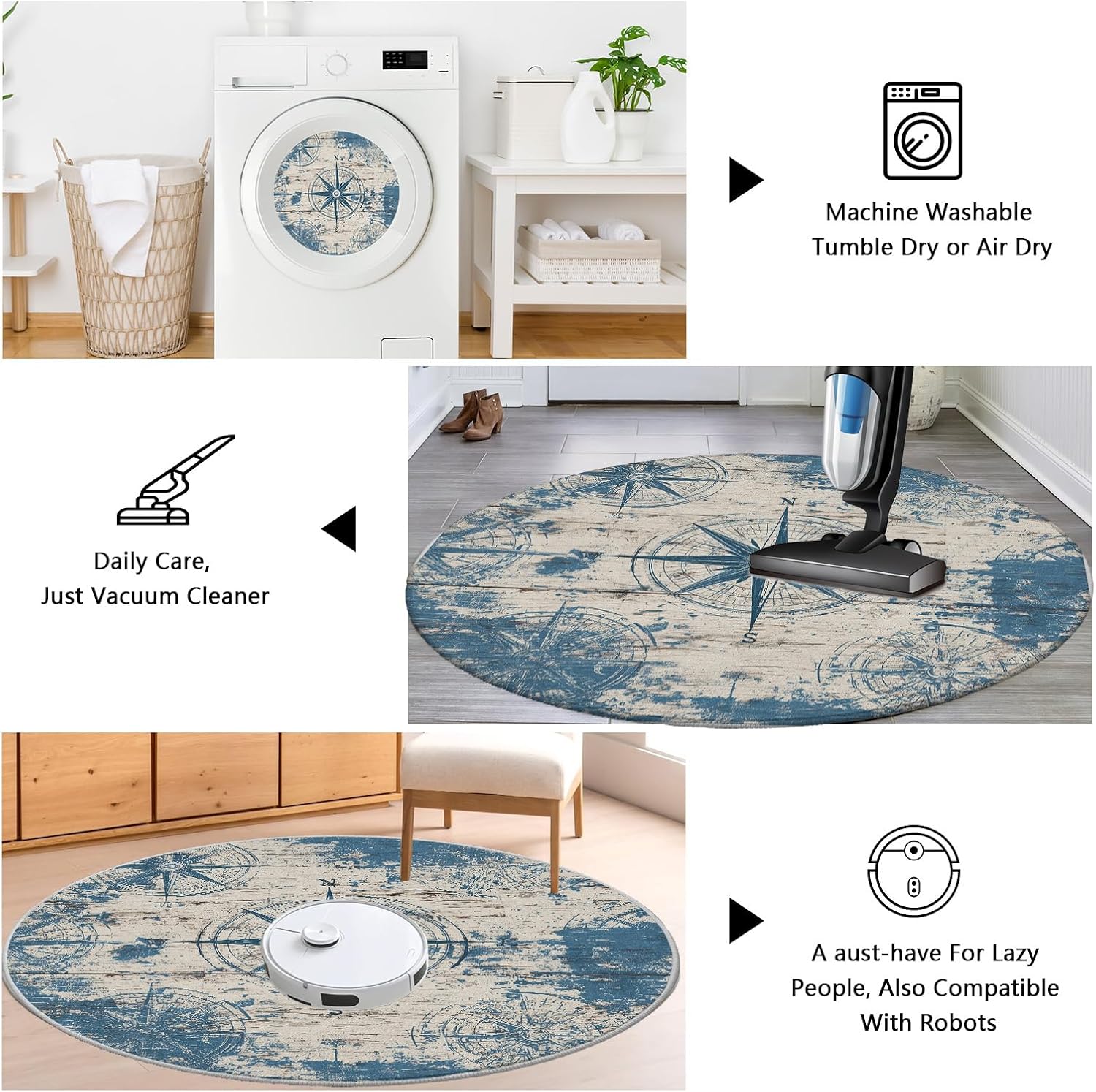 Naval Compass (Blue) Round Rugs 2 ft Round Area Rug - Washable Circle Rugs Floor Mats Shabby Chic Wooden Planks Low Pile Throw Non-Slip Carpet for Kitchen Living Room Bedroom Office Rug for Dorm
