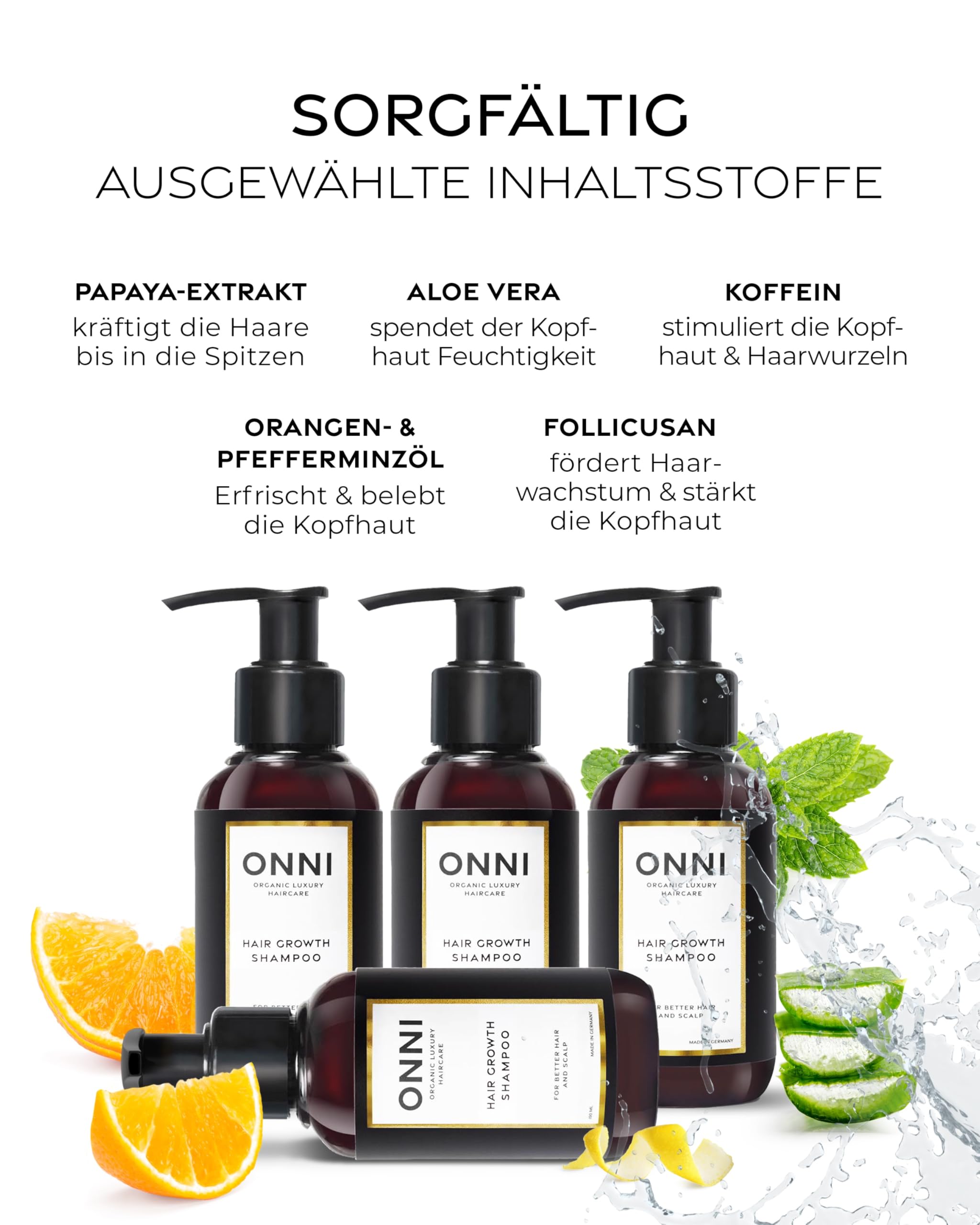 ONNI Champú orgánico para el crecimiento del cabello, 500 ml, dispensador de bomba XL, sin siliconas, sulfatos, parabenos, cuidado del cabello para un mayor crecimiento del cabello, contra la picazón