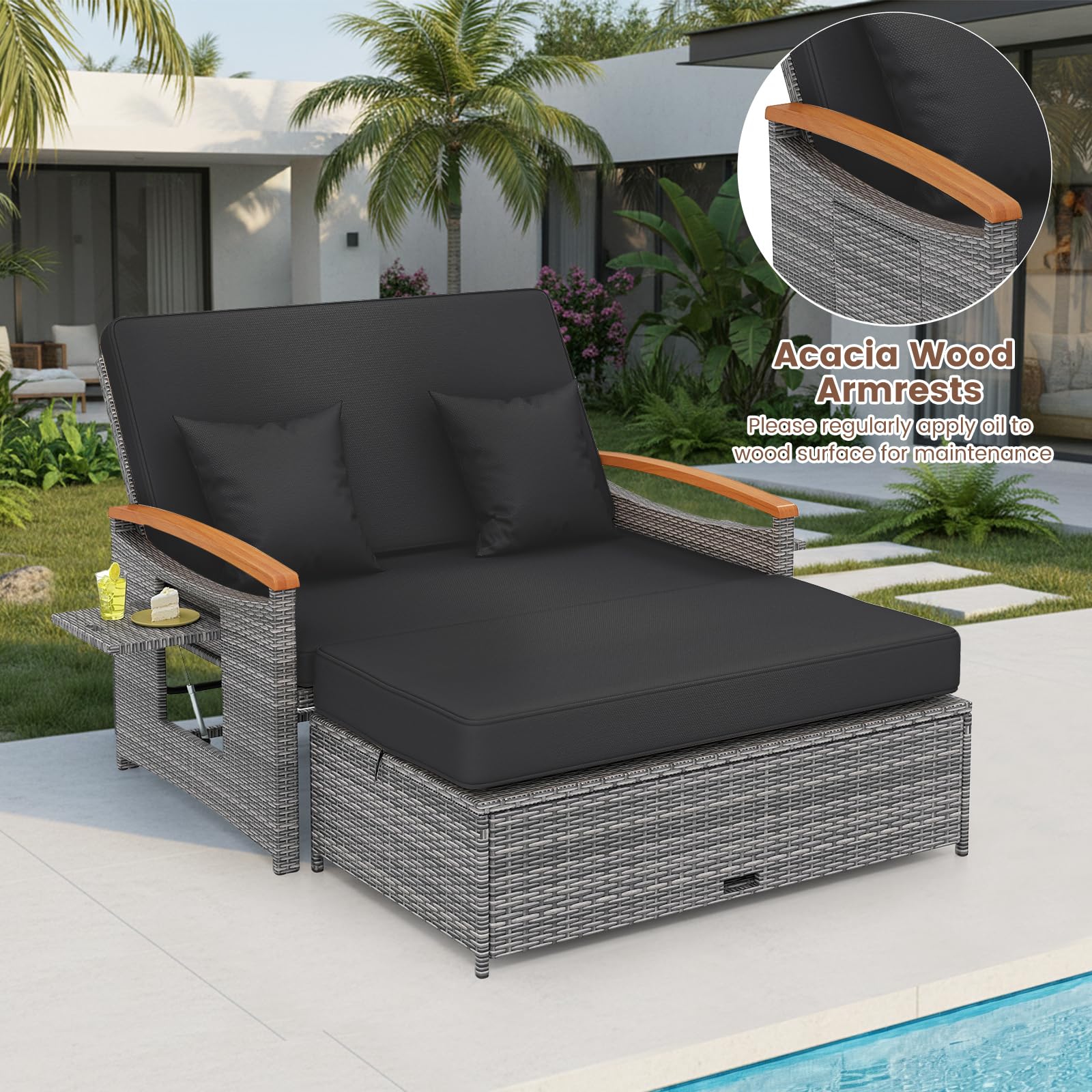 GIANTEX Meuble Extérieur 2 Pièces en Rotin PE avec Ottoman (Gris + Noir)