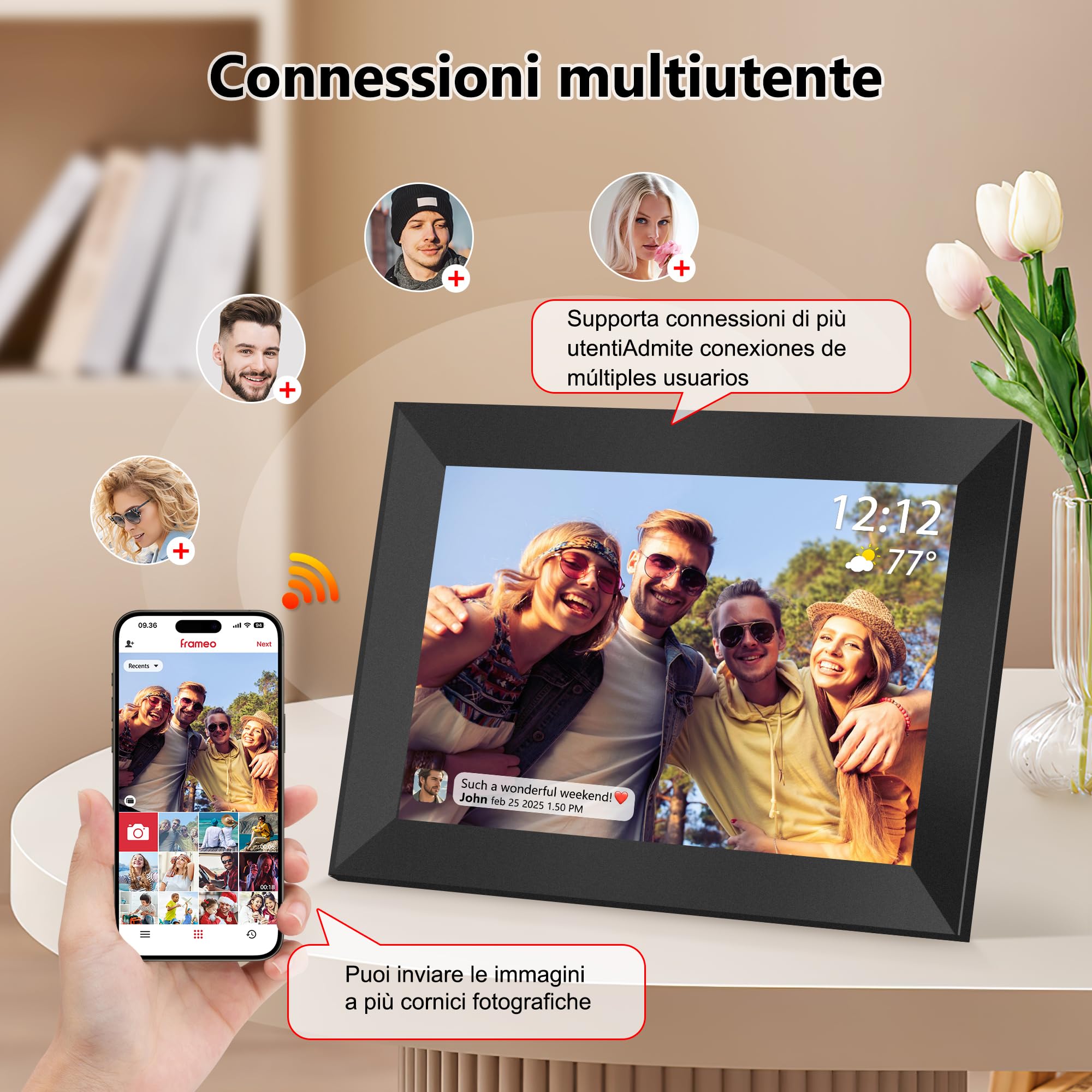 Frameo Cornice Digitale WiFi da 10,1 Pollici, 32GB, Schermo IPS Touchscreen HD 1280 x 800P, Rotazione Automatica, Condividi Foto/Video Subito da Qualsiasi Luogo (Elegante Nero)