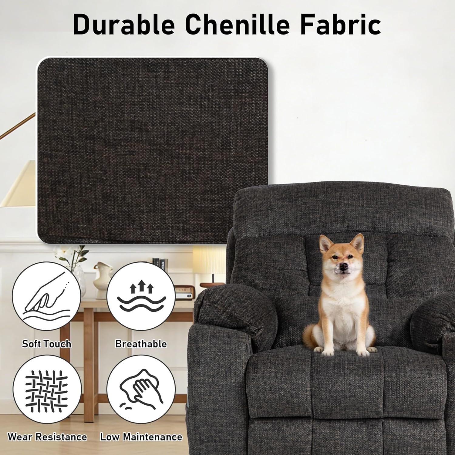 4 OKIN Motors Electric Lift Chair for Elderly, 25.5" Oversized Power Recliner Chair, Zero Gravity Lay Flat Recliner Chairs with Infinite Position Adjustable Headrest, Chenille Dark Grey