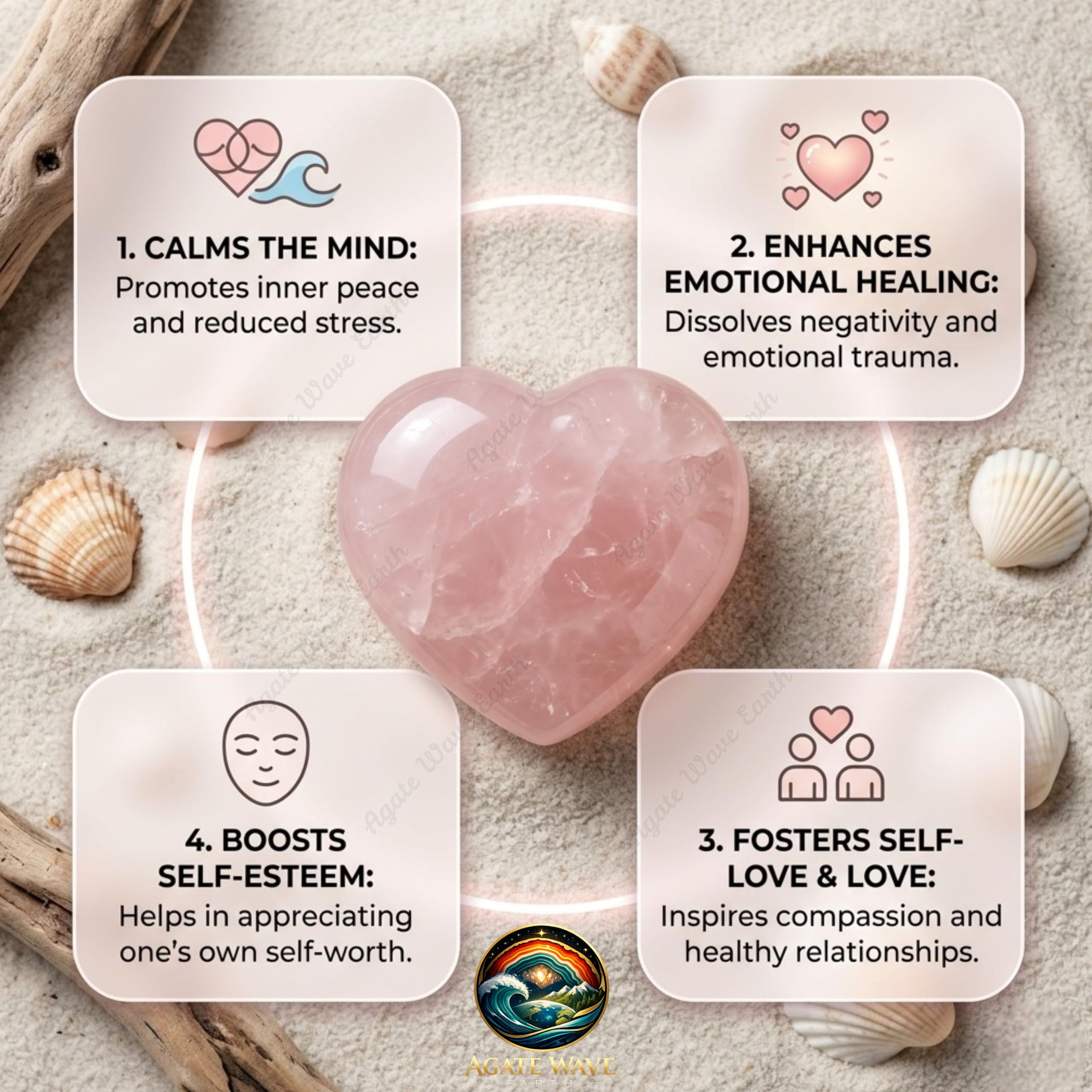 Agate Wave Earth Natural Rose Quartz Puffy Heart Crystal, 90-110g