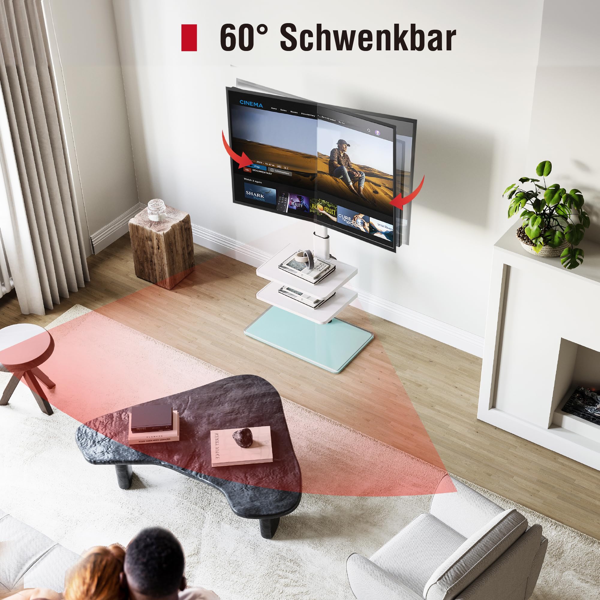 AOKCOS TV Ständer für 32-70 Zoll Flach&Curved Fernseher, TV Bodenständer Höhe 1350mm, Höhenverstellbar Schwenkbar Neigbar Fernsehständer 3 Stufigen Regalen, Max.VESA 400x400mm bis zu 40kg (Weiß)
