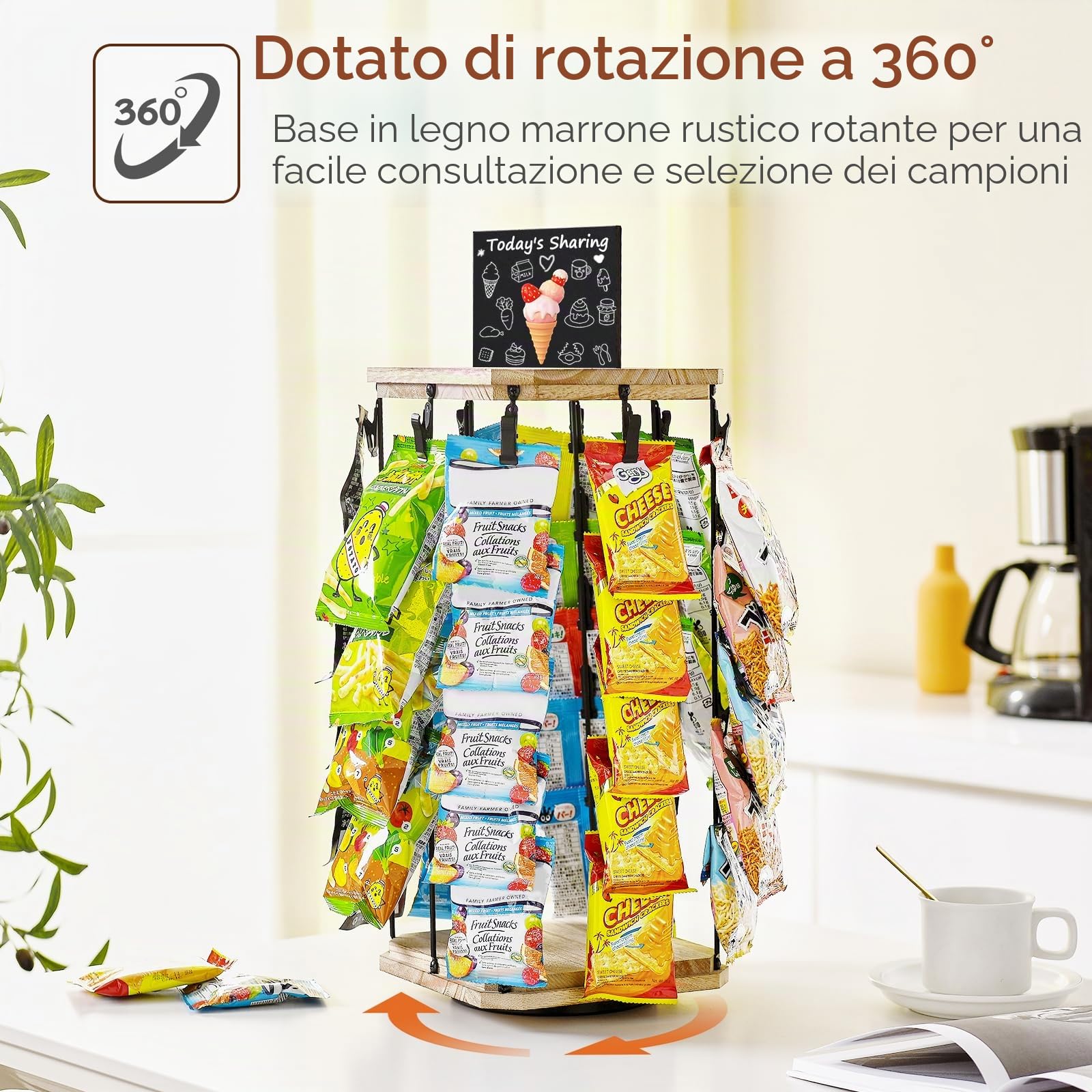 Pinzoveco Espositore per patatine, 5 ripiani, 40 clip, organizer per snack per scrivania da ufficio, base in legno rotante a 360°, espositore per caramelle, per banco di lavoro, feste, con bacheca per