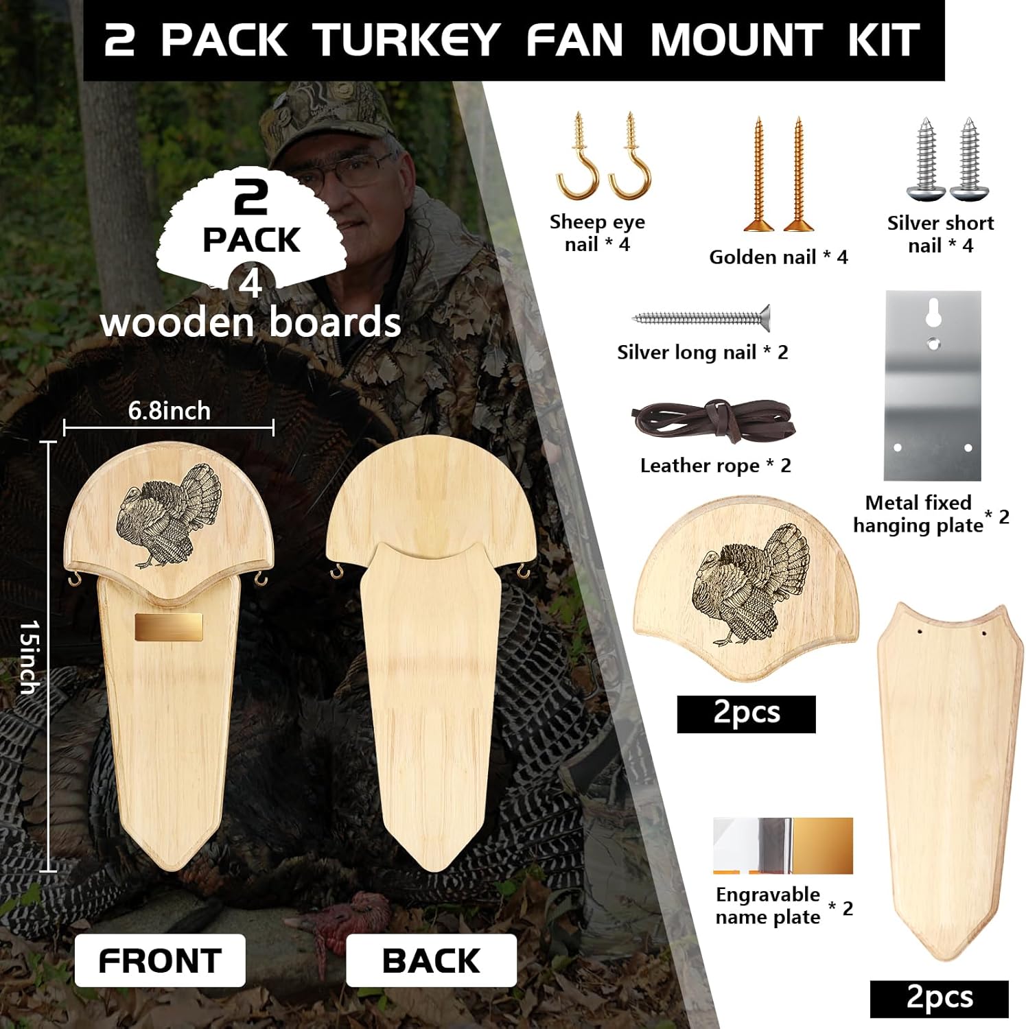 Turkey Fan Mount Kit, 2 Pack Turkey Fan Mounts Plaque, Natural Oak Turkey Tail Mounting Kit, Turkey Beard Hanger for Hunting Trophy