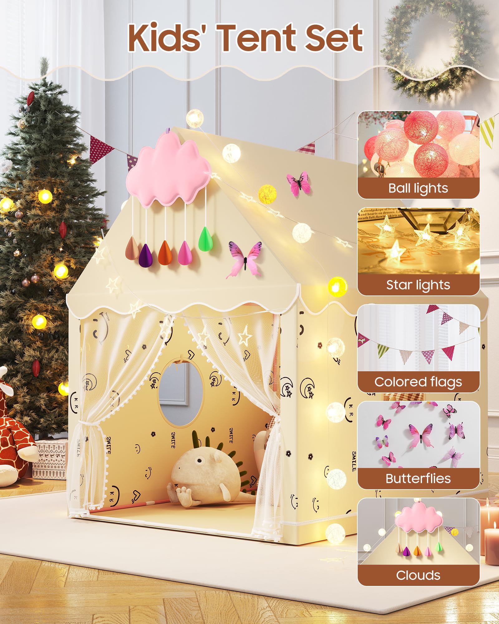 Kids Play Tent, Princess Tent Indoor Playhouse Set with Star Lights, Ball Lights, Colorful Flags, Butterflies, Clouds - Large Tents for Kids Toddle Castle for Girls Toy House Gift