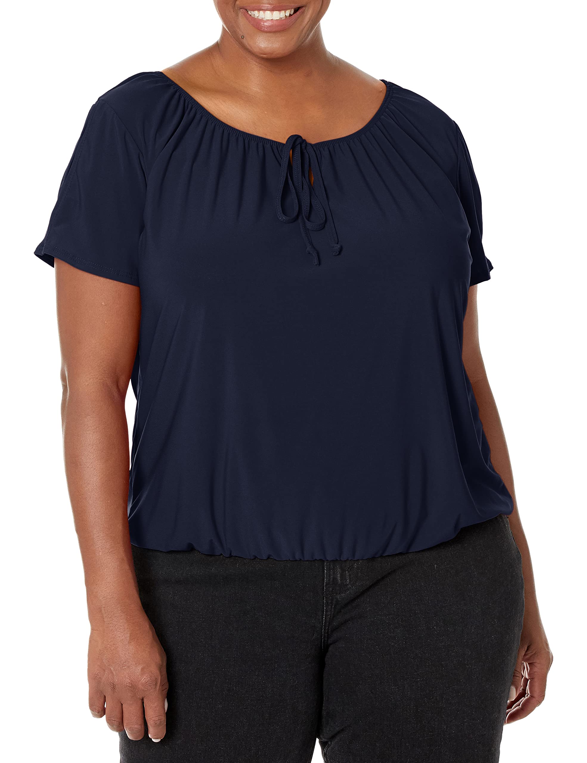 Star Vixen Women's Short/Slit Sleeve Keyhole-Tie Peasant Top Bubble Hem, Navy Solid, S