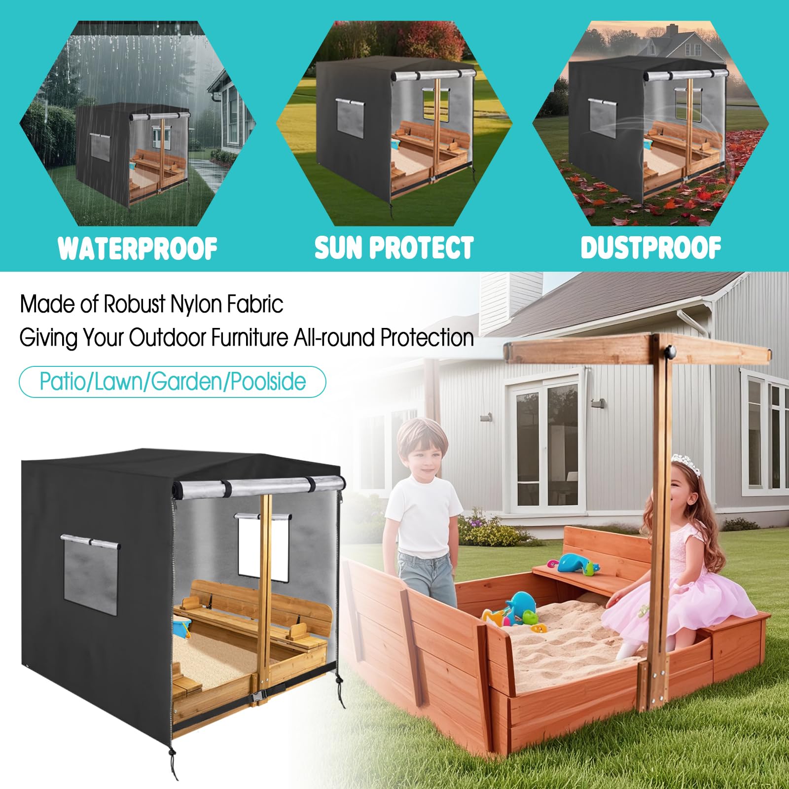 Housse de bac à sable (cube de 121,9 cm), housse imperméable pour bac à sable en bois 420D avec couvercle et banc pliable (noir)