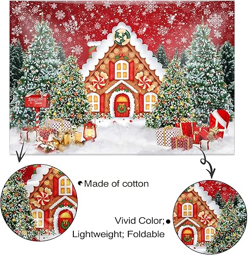 Miniatura 5 de Mocsicka Telón de fondo navideño de casa de jengibre, 7 x 5 pies, color rojo, intercambio de galletas, fondo de fotos, invierno, casa de jengibre,