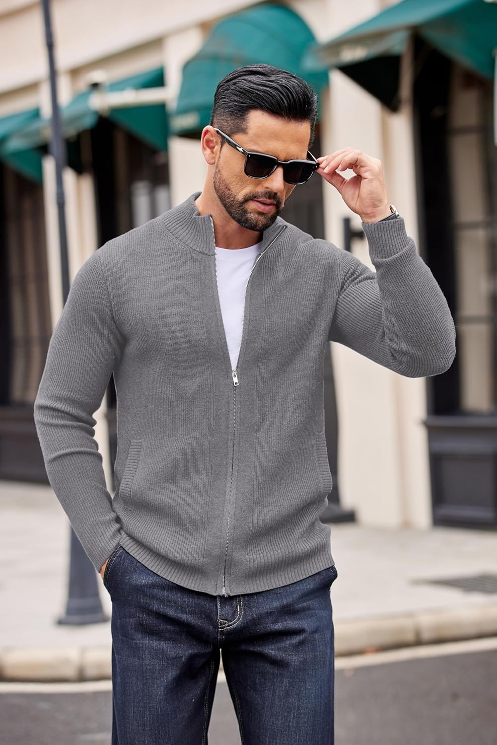 COOFANDY Mens Zip Up Cardigan Sweater Slim Fit Casual Full Zip Sweaters Knit Stand Collar Cardigans with 2 Front Pockets - Image 5