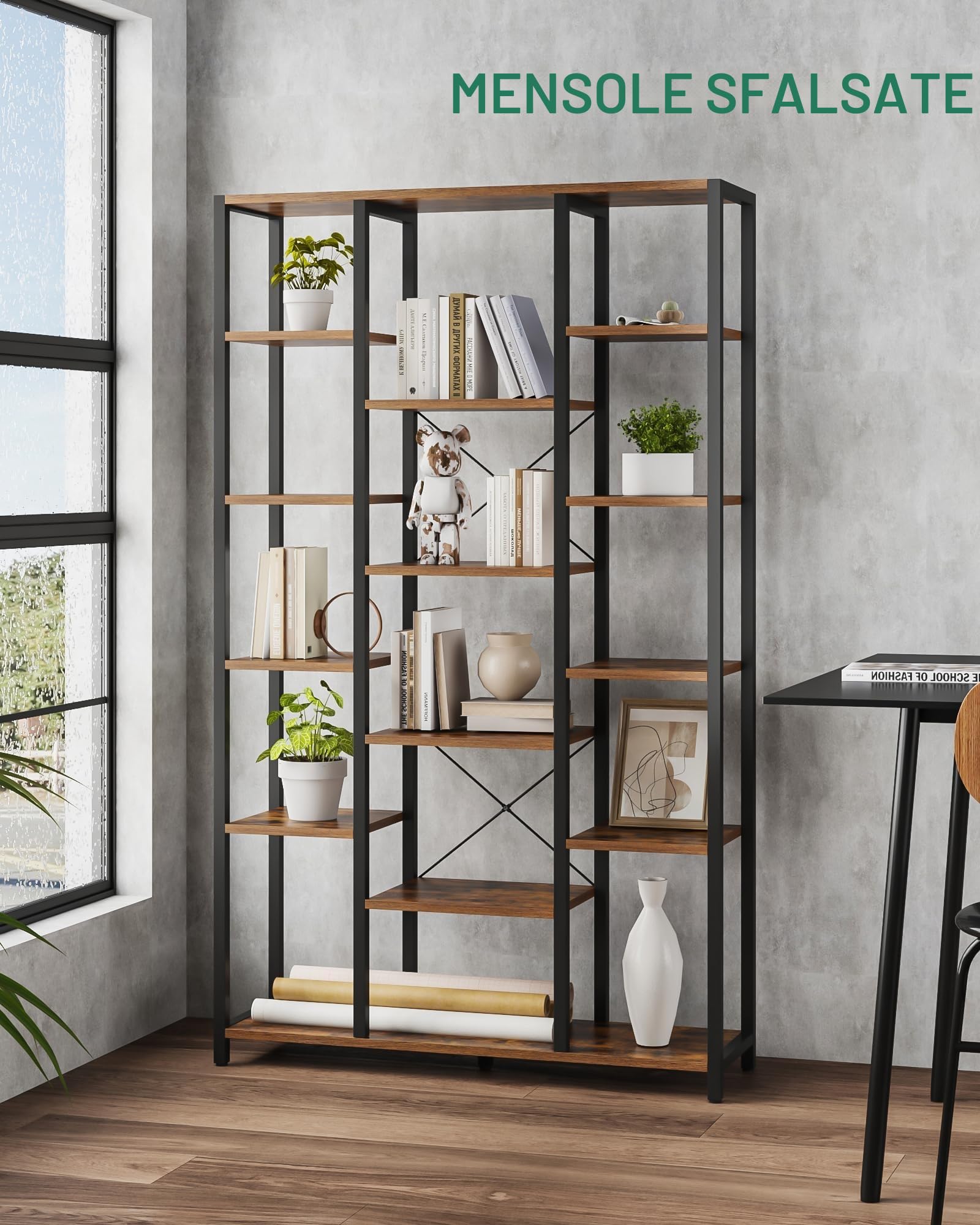 Hzuaneri Libreria, Scaffale a 6 livelli con 15 Ripiano, Grande scaffale regolabile, per soggiorno, ufficio, camera da letto, studio, 30 x 100 x 170 cm, Marrone Rustico e Nero, BC15001B