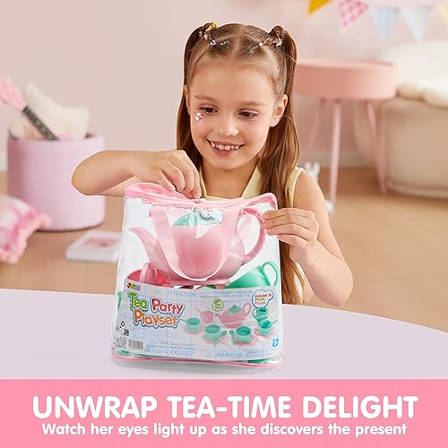 Miniatura 9 de JOYIN Juego de 18 piezas de fiesta de té de simulación, juego de té de plástico, mini cocina para niños, regalos para niños y niñas de 3, 4, 5, 6