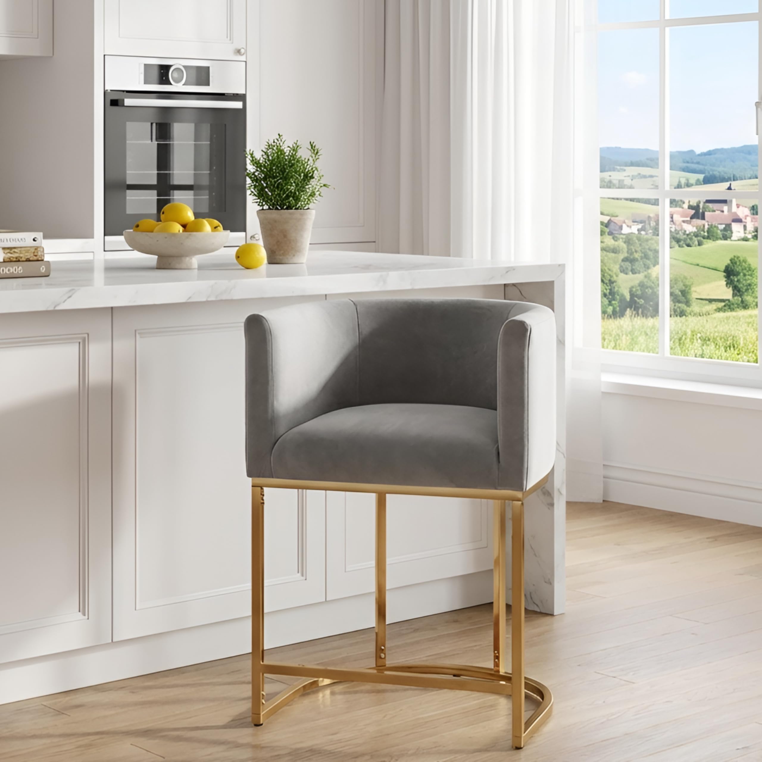 RIVOVA Contemporary Grey Velvet Bar Stool, 24" Upholstered Fabric Counter Height Barstool Kitchen Counter Island Stool with Screwed Together Golden