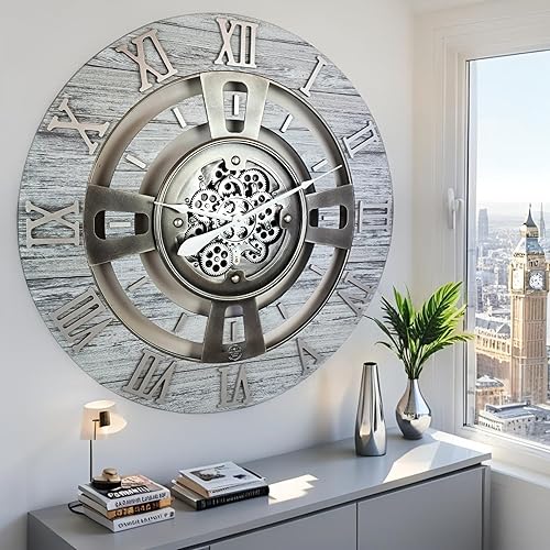 Miniatura 2 de ImprovingLife The Gears - Reloj de pared con engranaje móvil real, línea inglesa, gris plateado, 36 pulgadas (35.4 in)