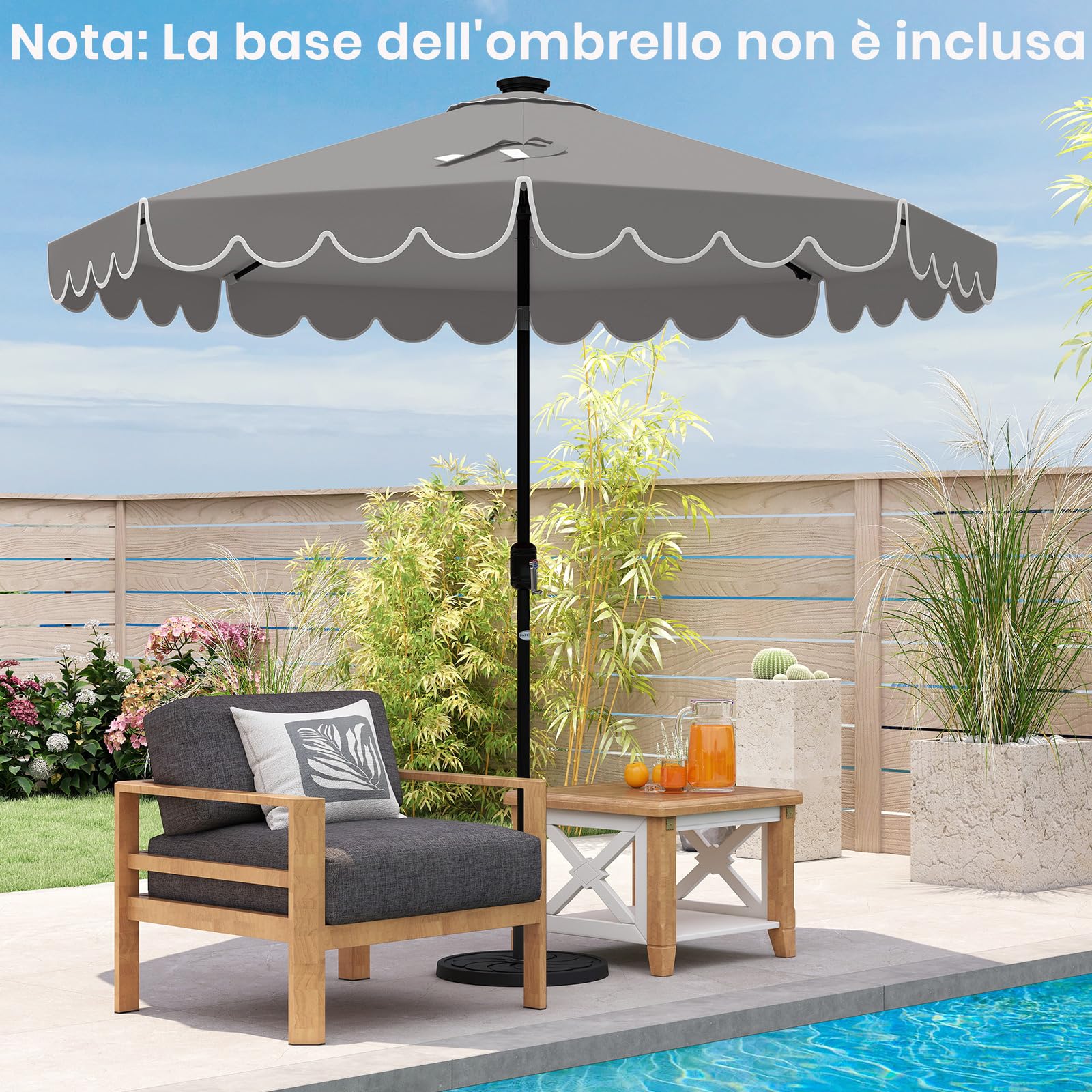 RELAX4LIFE Ombrellone da Giardino 3x3M, Ombrellone da Esterno con 24 Luci LED, Inclinazione Regolabile, Apertura a Manovella, Top Ventilato, per Giardino Piscina Patio (Grigio)