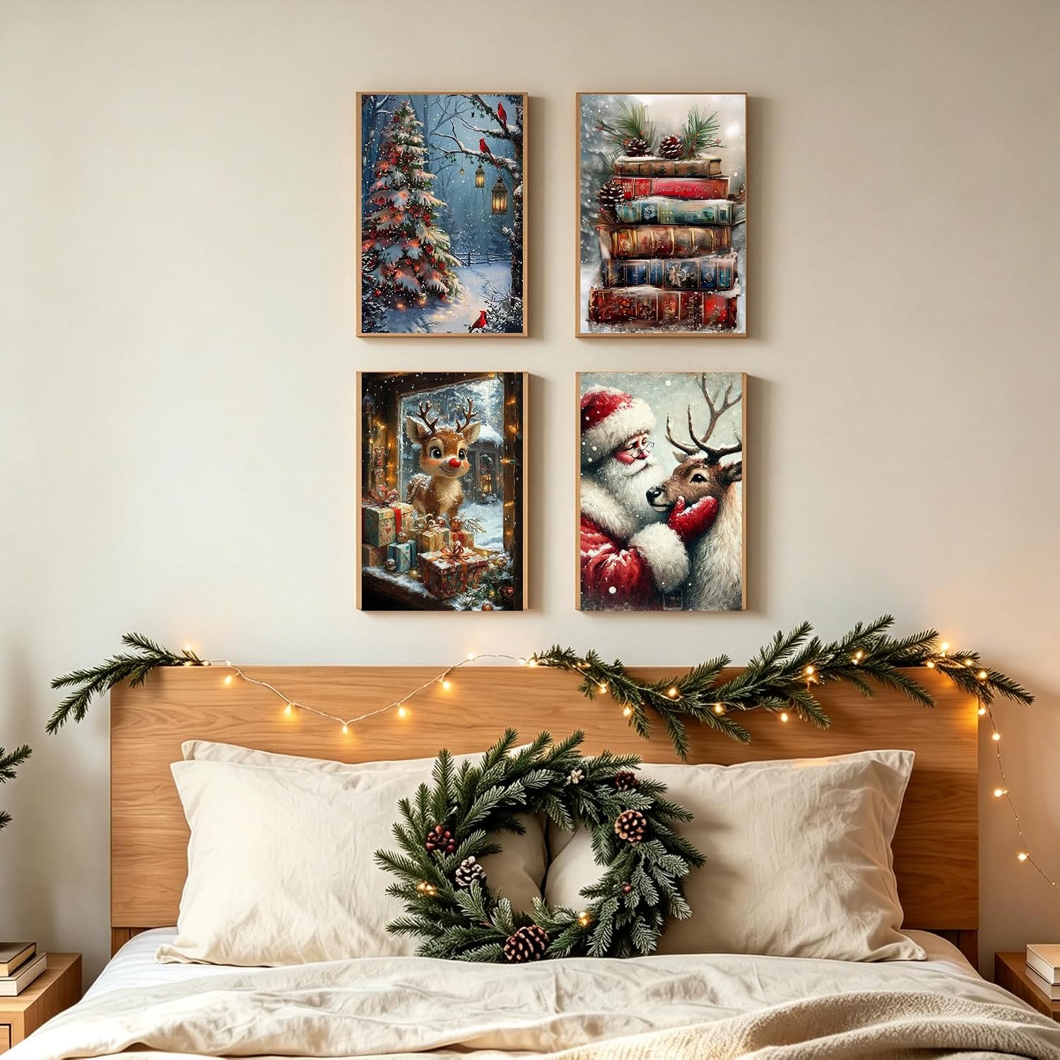 Canrichshop 4 Packs Christmas Framed Paint by Numbers Kit with Wooden Easel & Gift Box,Retro DIY Paint by Number for Adults on Canvas,Challenge Oil Acrylic Christmas Paint Prezzie 8x12inch