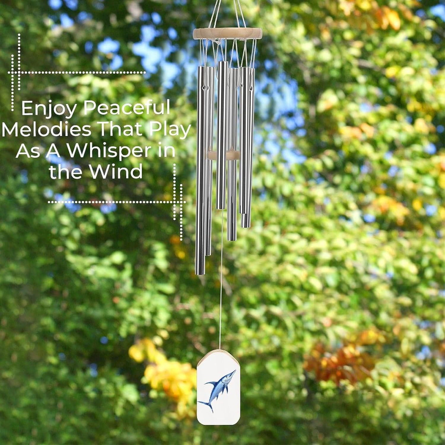 Blue Marlin Fish Memorial Wind Chimes with 6 Aluminum Tubes for Outside Deep Tone Garden Hanging Decor