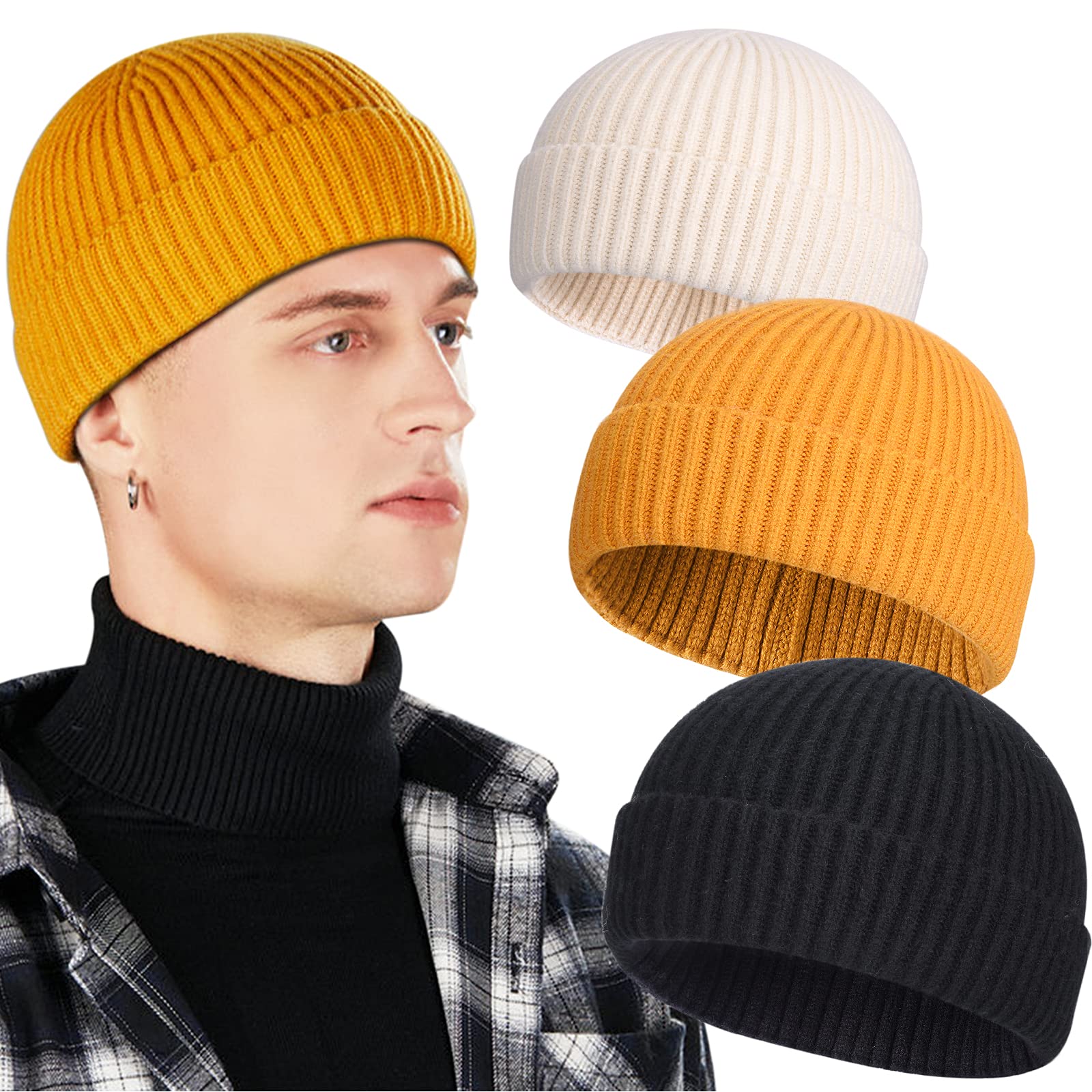 Heniho Men's I-Black, Yellow, Beige 3 Pack Wool Fisherman Beanies For Short Knit Watch Cap Cuffed Trawler Hats, One Size