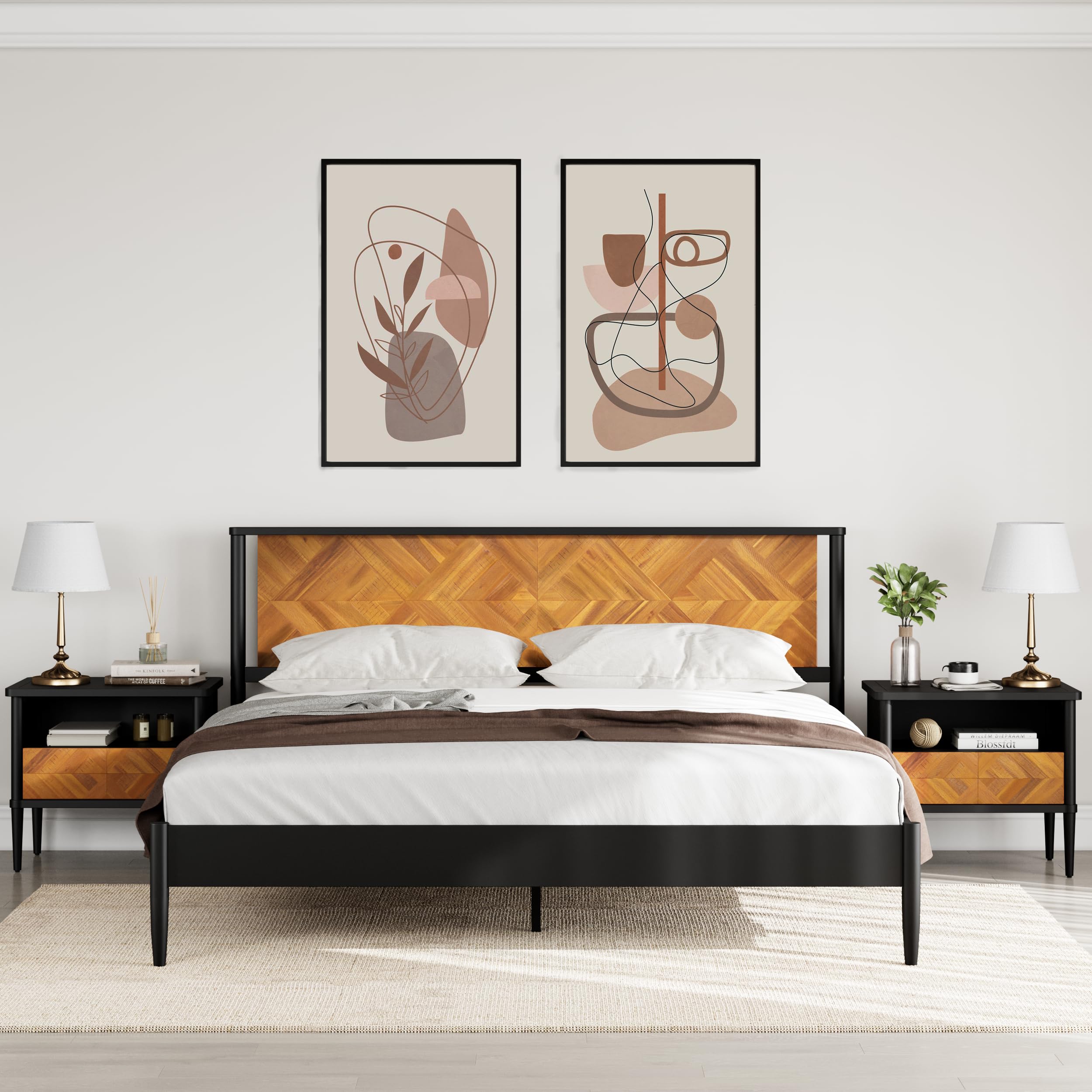 Howizz Lenia King Bed Frame with 2 Matching Nightstands – Modern Wood Platform Bed Set, Chevron Diamond Design, No Box Spring Needed, Slatted Support
