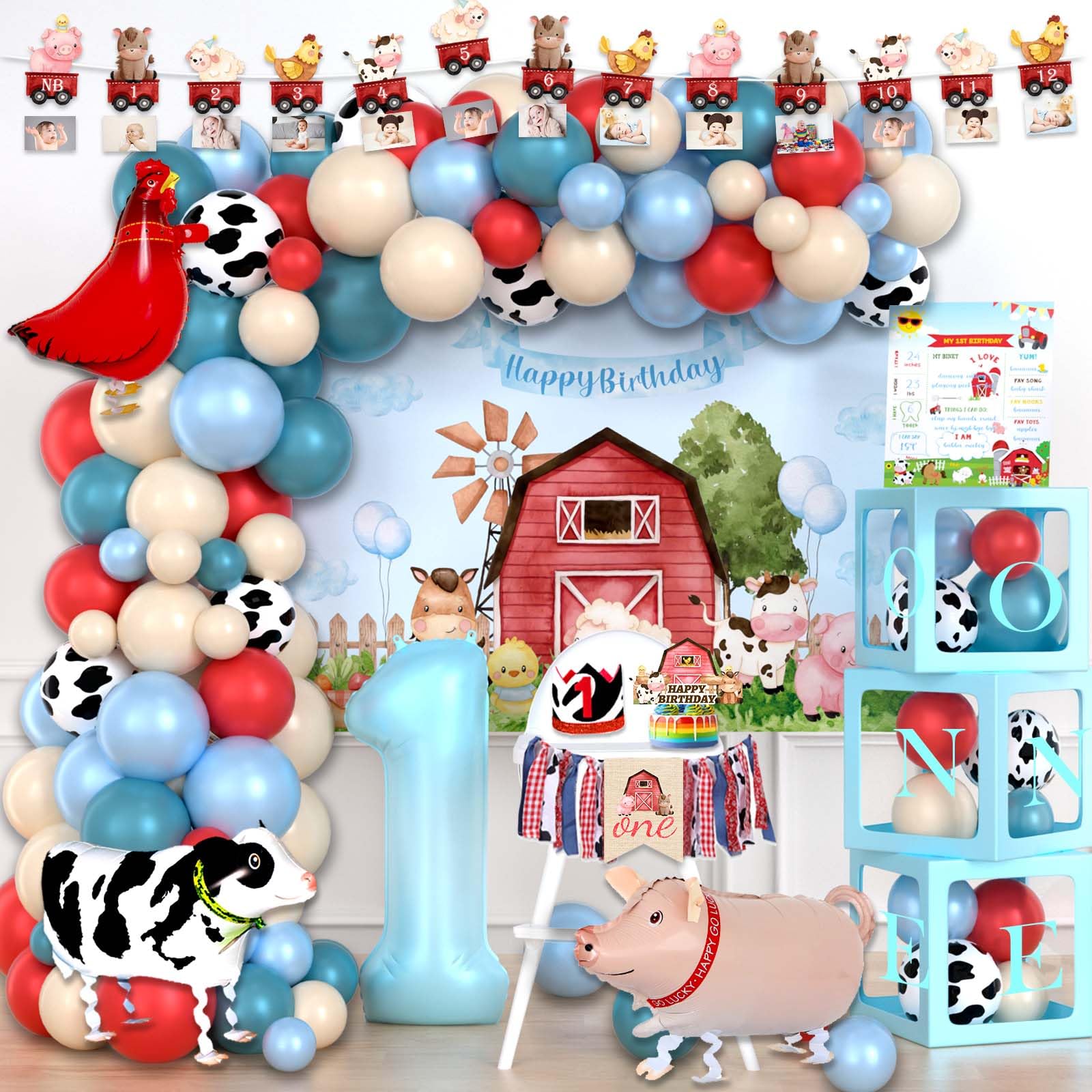 Farm 1st Party Decorations Boy, 1st Birthday Decorations Boy, Blue Barn Animal First Birthday Decorations, Balloon Photo Highchair Banner Cake Topper Box Cutout Crown Poster, 160 PCs