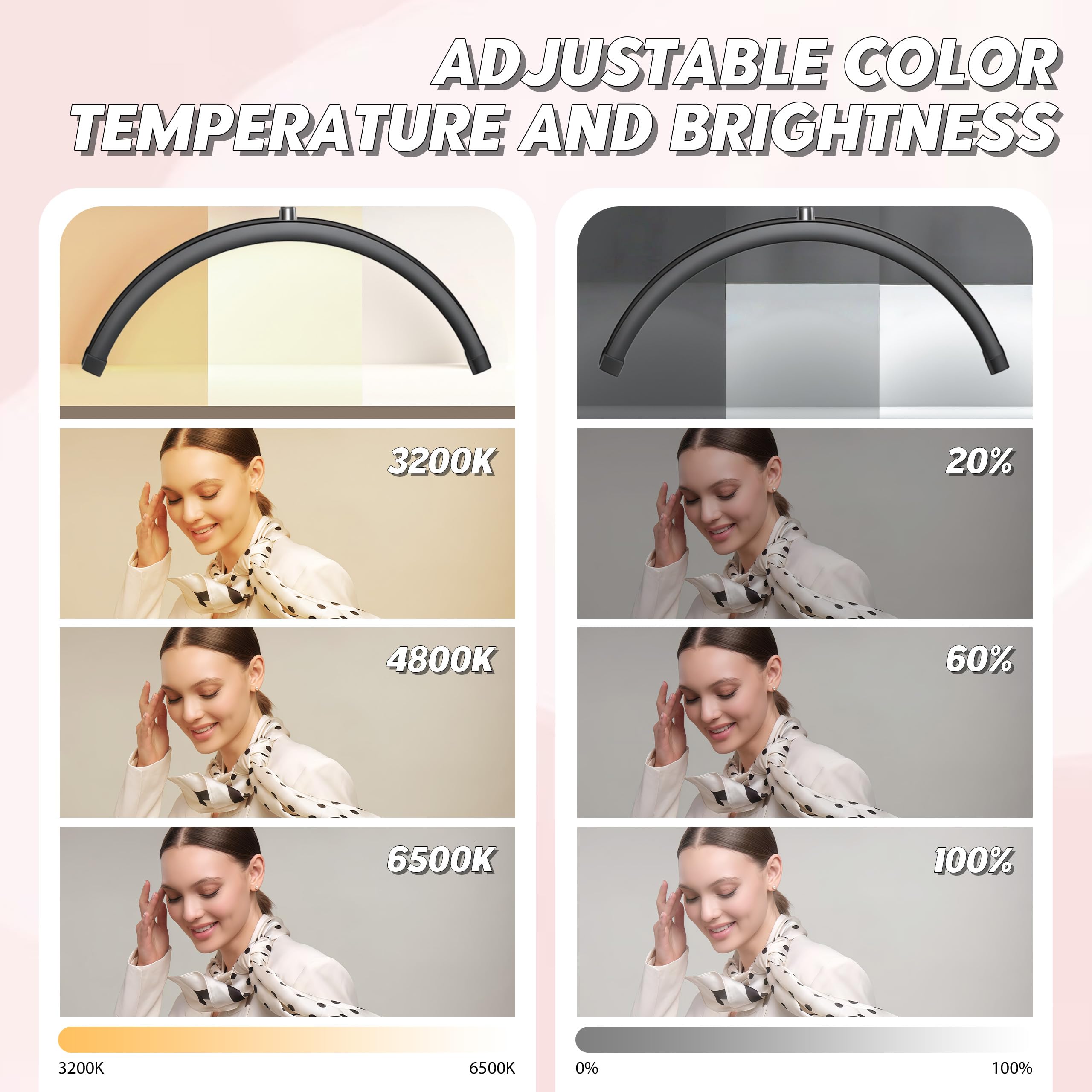 Halbmond Lampe Kosmetik, 320° Drehbarer Kosmetiklampe mit 3 Farbtemperaturen, Kosmetik Lampe Stehend, Höhenverstellbar Wimpernlampe für Wimpernverlängerung Make-up Tattoos Nageldesign