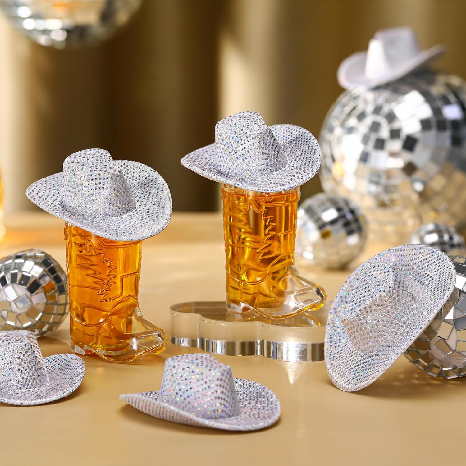 Vesici 30 Pcs Mini Cowgirl Hat Western Cowboy Boot Shot Glasses Tiny Cowgirl Glitter Sequin Silver Cowboy Hat Disco Party Supply Dollhouse Decor